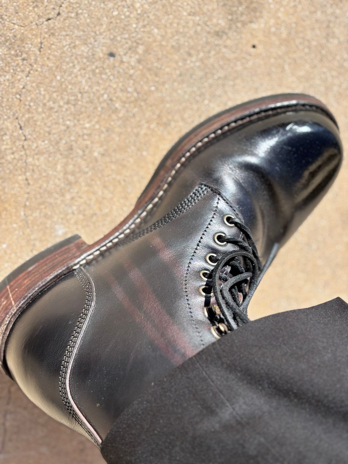 Photo by GodsRedeemed on January 9, 2025 of the All American Boot Mfg. Trench Boot in Horween Black Chromexcel.