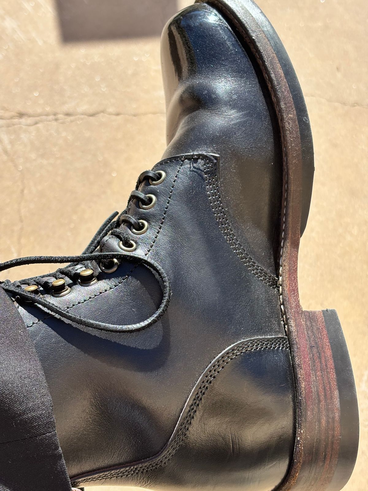 Photo by GodsRedeemed on January 9, 2025 of the All American Boot Mfg. Trench Boot in Horween Black Chromexcel.