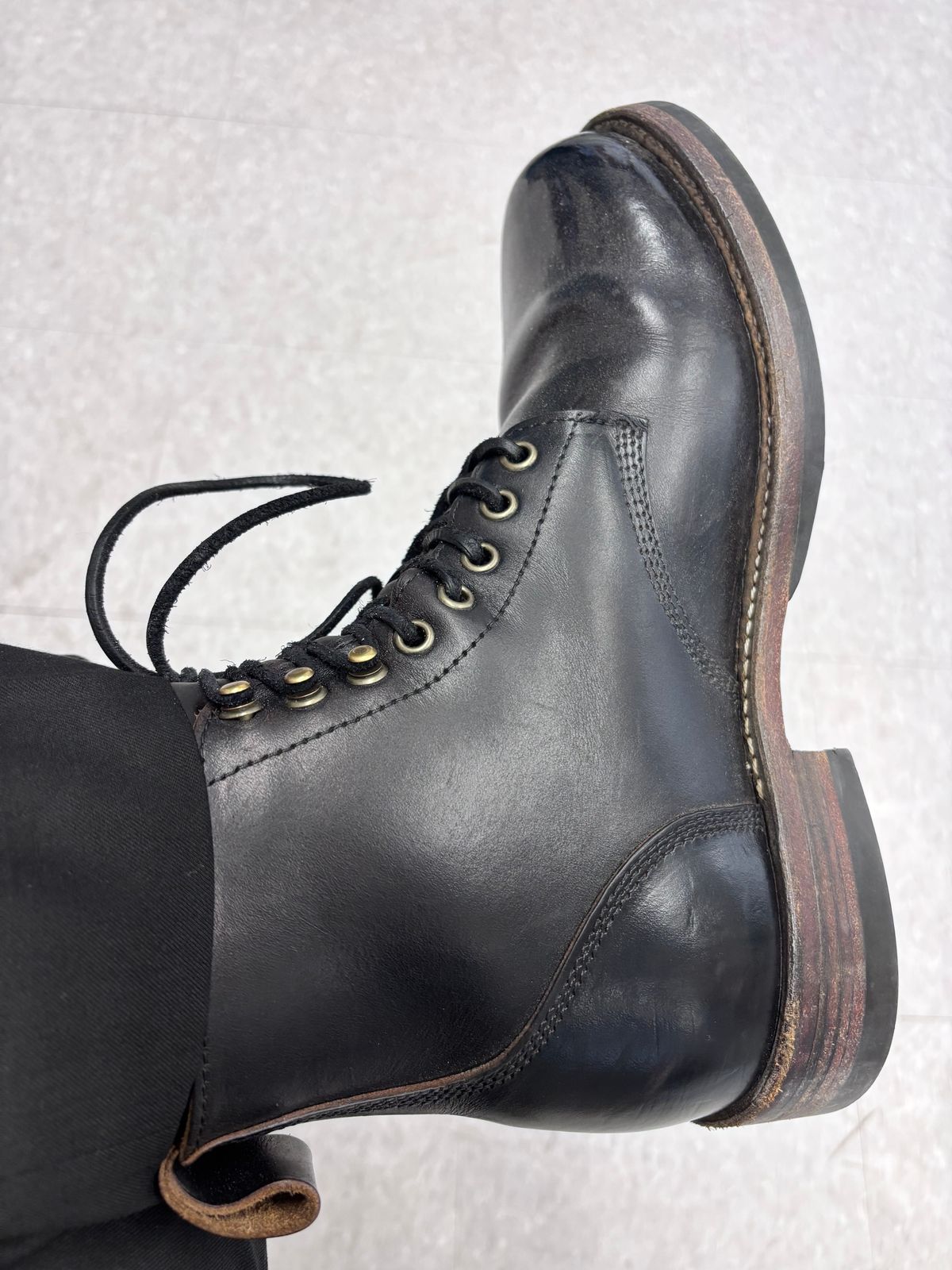 Photo by GodsRedeemed on January 16, 2025 of the All American Boot Mfg. Trench Boot in Horween Black Chromexcel.