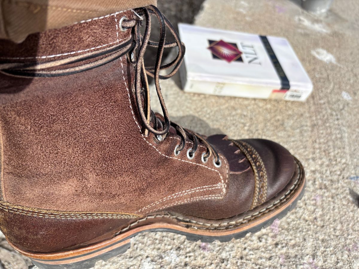 Photo by GodsRedeemed on December 24, 2024 of the Baker’s Custom White’s Bounty Hunters Bounty Hunters in Horween Cinnamon Waxed Flesh & Seidel Brown Oil Tan Roughout & Horween Olive Waxed Flesh.