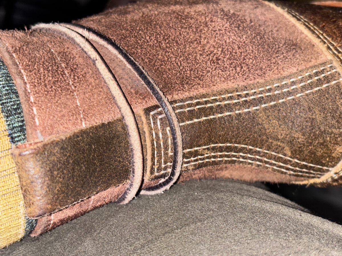 Photo by GodsRedeemed on January 13, 2025 of the Baker’s Custom White’s Bounty Hunters Bounty Hunters in Horween Cinnamon Waxed Flesh & Seidel Brown Oil Tan Roughout & Horween Olive Waxed Flesh.