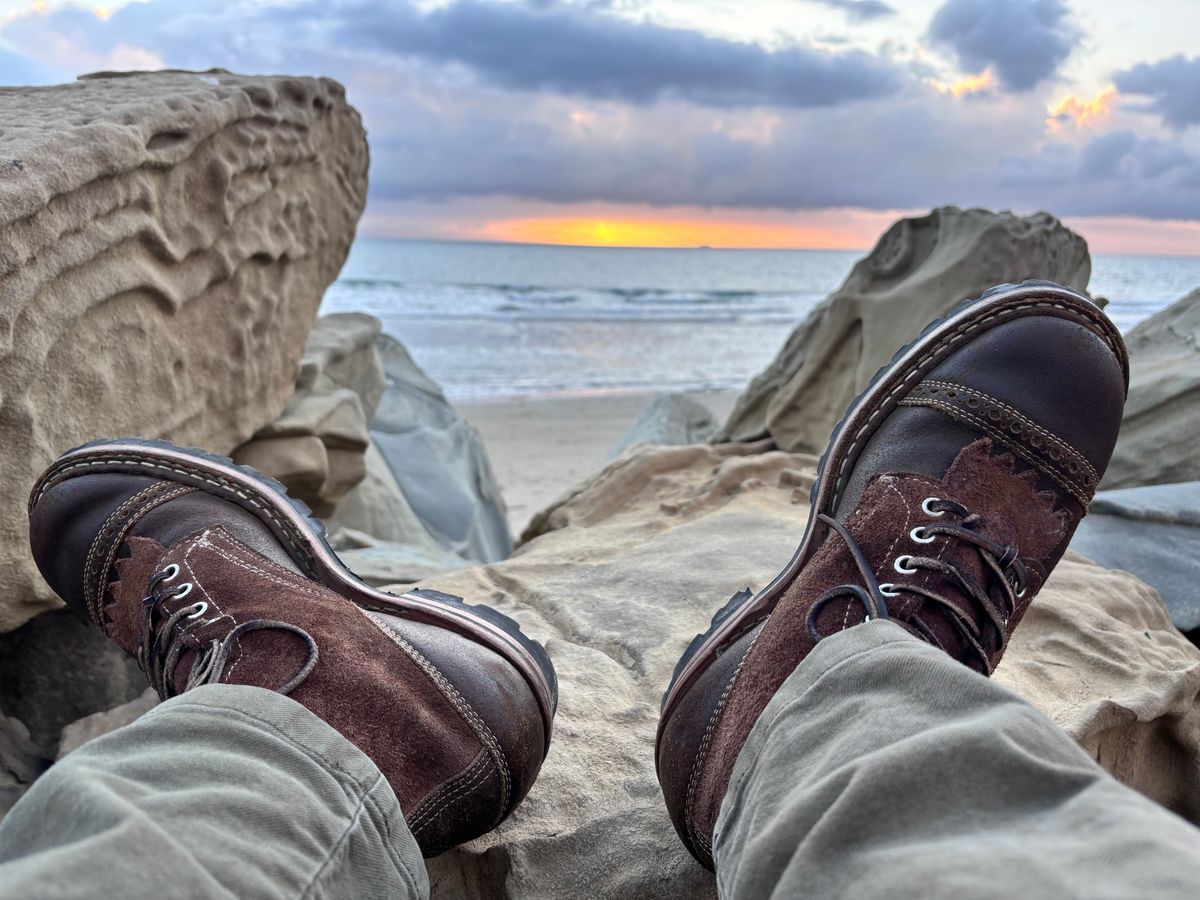 Photo by GodsRedeemed on January 26, 2025 of the Baker’s Custom White’s Bounty Hunters Bounty Hunters in Horween Cinnamon Waxed Flesh & Seidel Brown Oil Tan Roughout & Horween Olive Waxed Flesh.