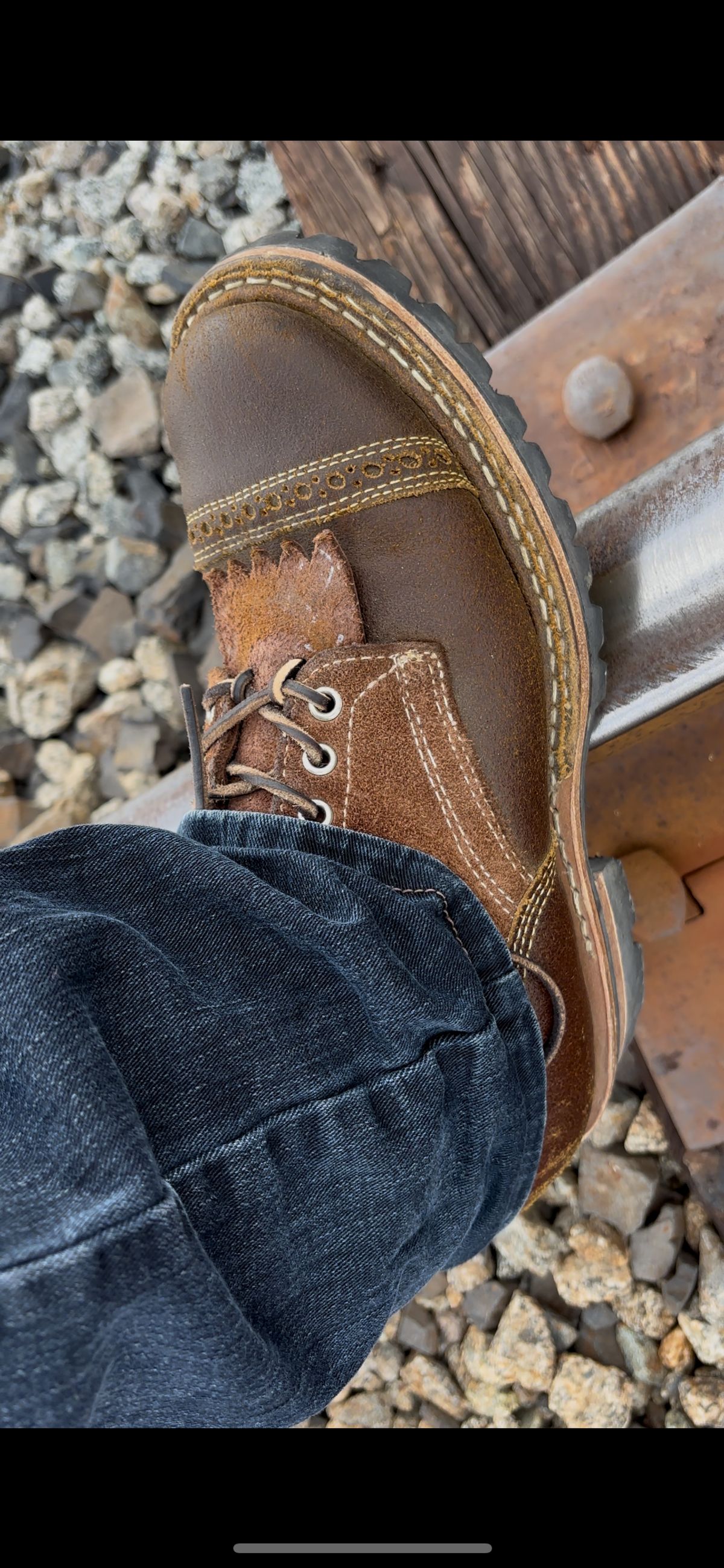 Photo by GodsRedeemed on January 30, 2025 of the Baker’s Custom White’s Bounty Hunters Bounty Hunters in Horween Cinnamon Waxed Flesh & Seidel Brown Oil Tan Roughout & Horween Olive Waxed Flesh.