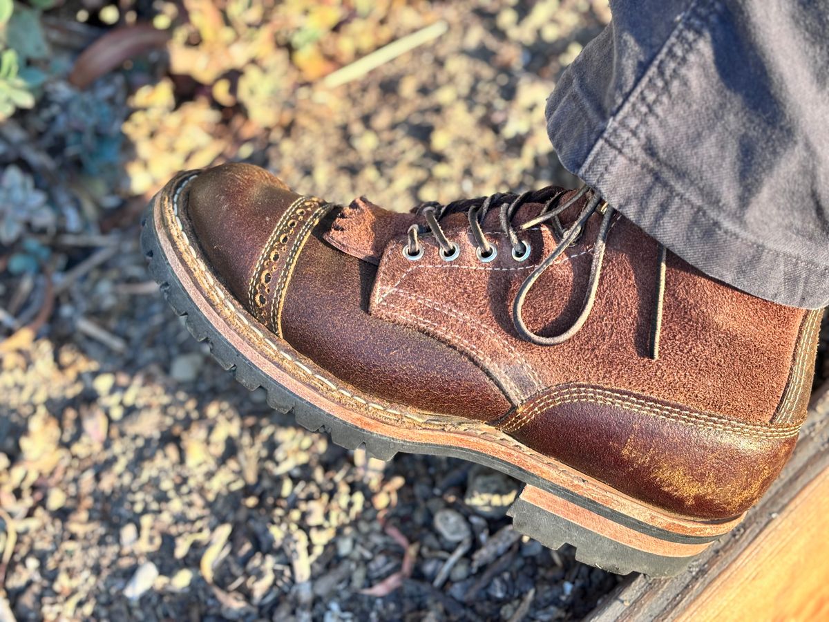 Photo by GodsRedeemed on February 4, 2025 of the Baker’s Custom White’s Bounty Hunters Bounty Hunters in Horween Cinnamon Waxed Flesh & Seidel Brown Oil Tan Roughout & Horween Olive Waxed Flesh.