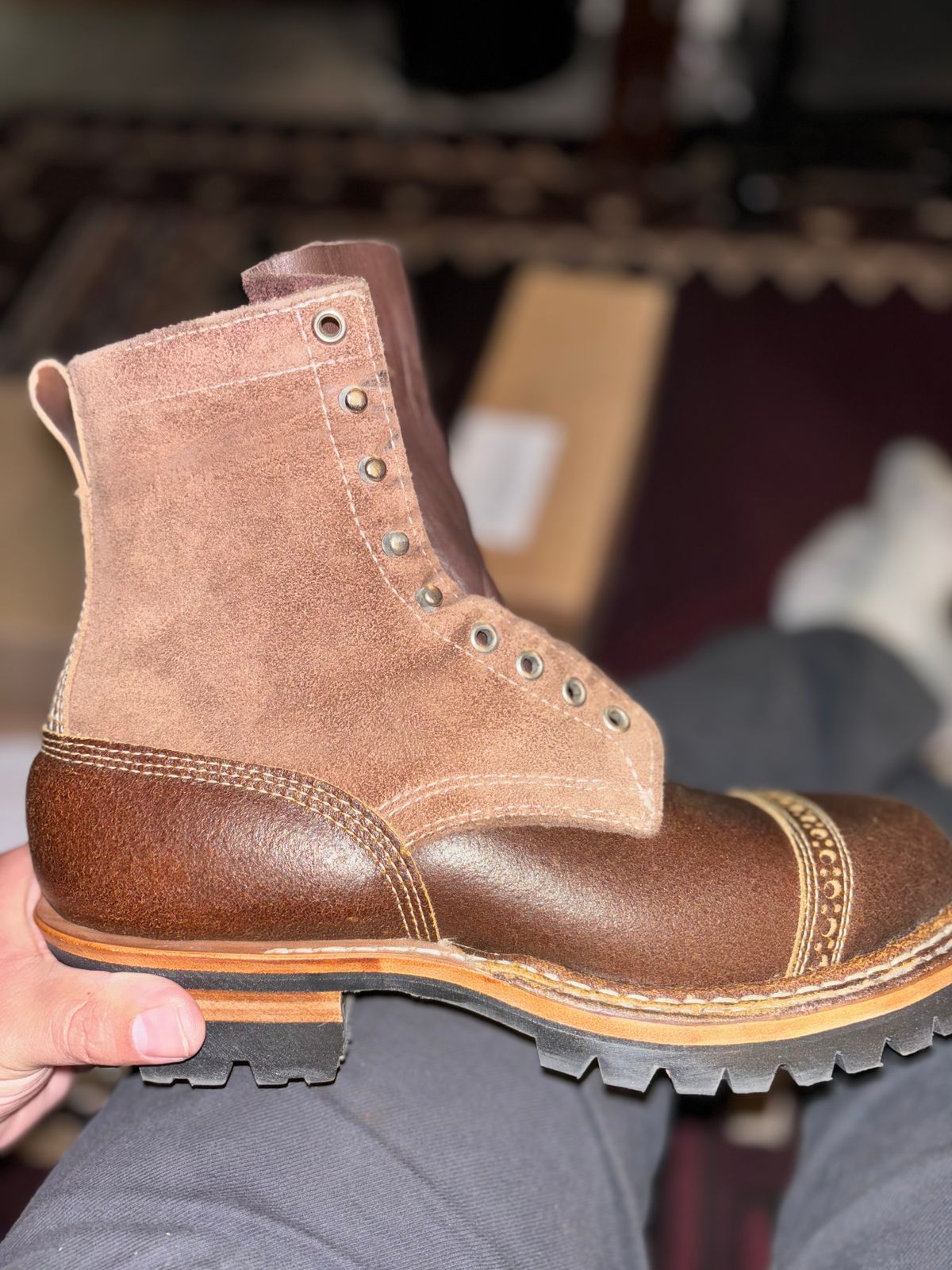 Photo by GodsRedeemed on November 20, 2024 of the Baker’s Custom White’s Bounty Hunters Bounty Hunters in Horween Cinnamon Waxed Flesh & Seidel Brown Oil Tan Roughout & Horween Olive Waxed Flesh.