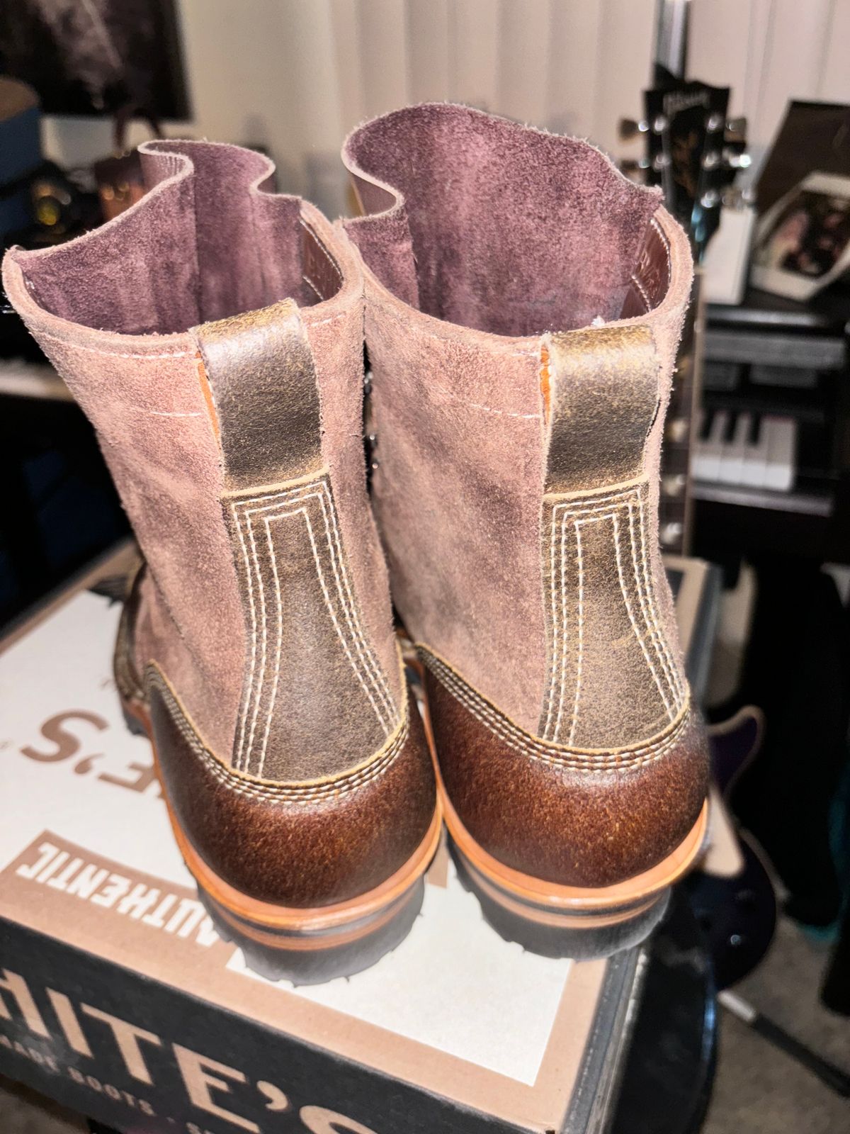 Photo by GodsRedeemed on November 20, 2024 of the Baker’s Custom White’s Bounty Hunters Bounty Hunters in Horween Cinnamon Waxed Flesh & Seidel Brown Oil Tan Roughout & Horween Olive Waxed Flesh.