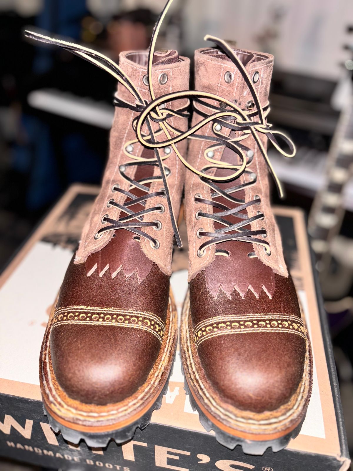 Photo by GodsRedeemed on November 20, 2024 of the Baker’s Custom White’s Bounty Hunters Bounty Hunters in Horween Cinnamon Waxed Flesh & Seidel Brown Oil Tan Roughout & Horween Olive Waxed Flesh.