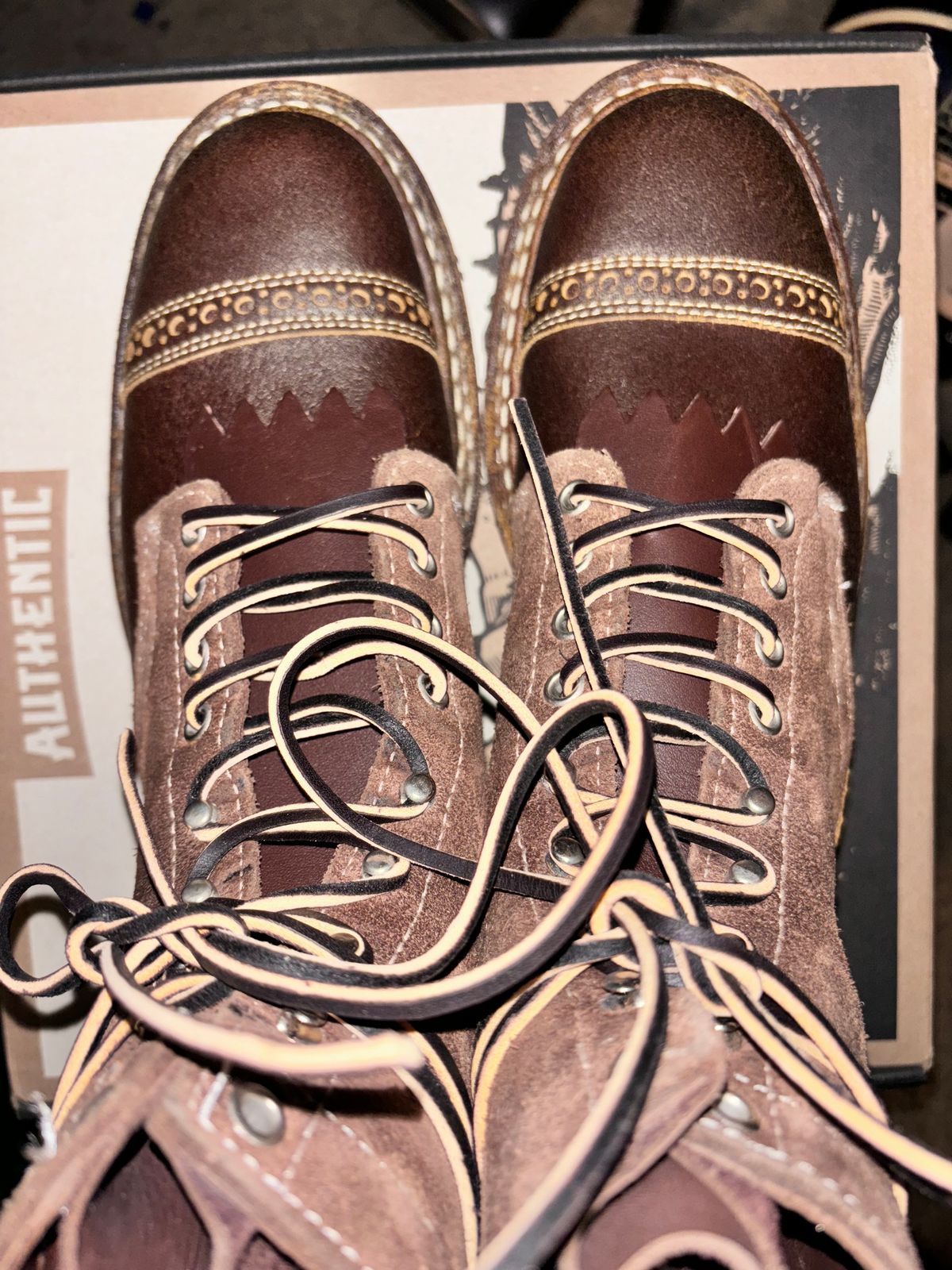 Photo by GodsRedeemed on November 20, 2024 of the Baker’s Custom White’s Bounty Hunters Bounty Hunters in Horween Cinnamon Waxed Flesh & Seidel Brown Oil Tan Roughout & Horween Olive Waxed Flesh.