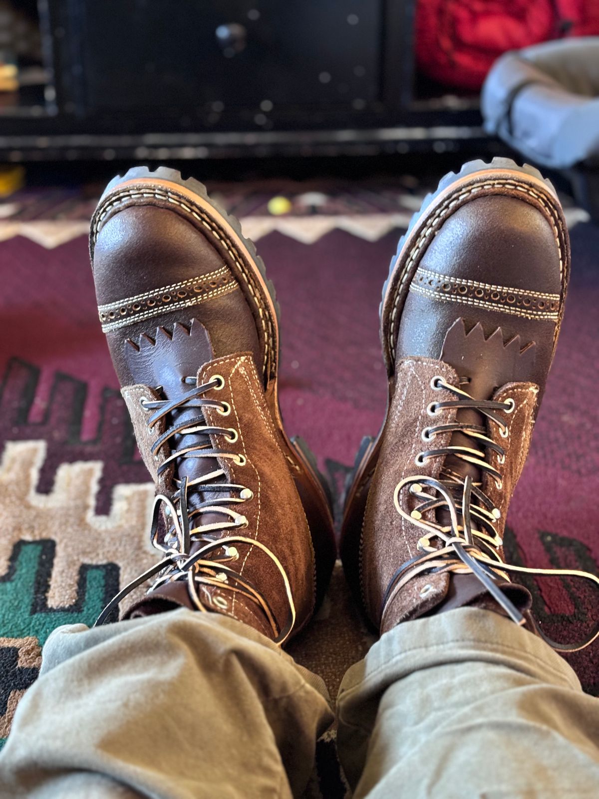 Photo by GodsRedeemed on November 20, 2024 of the Baker’s Custom White’s Bounty Hunters Bounty Hunters in Horween Cinnamon Waxed Flesh & Seidel Brown Oil Tan Roughout & Horween Olive Waxed Flesh.