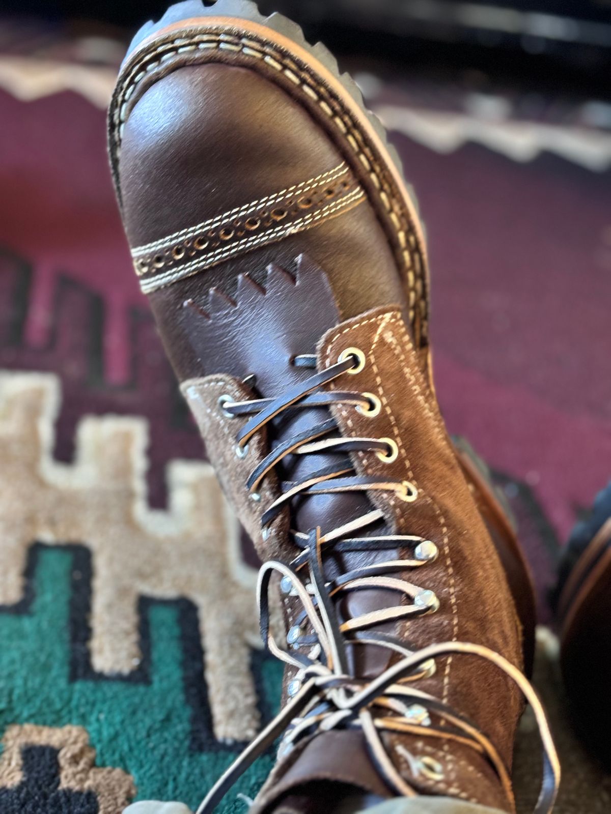 Photo by GodsRedeemed on November 20, 2024 of the Baker’s Custom White’s Bounty Hunters Bounty Hunters in Horween Cinnamon Waxed Flesh & Seidel Brown Oil Tan Roughout & Horween Olive Waxed Flesh.