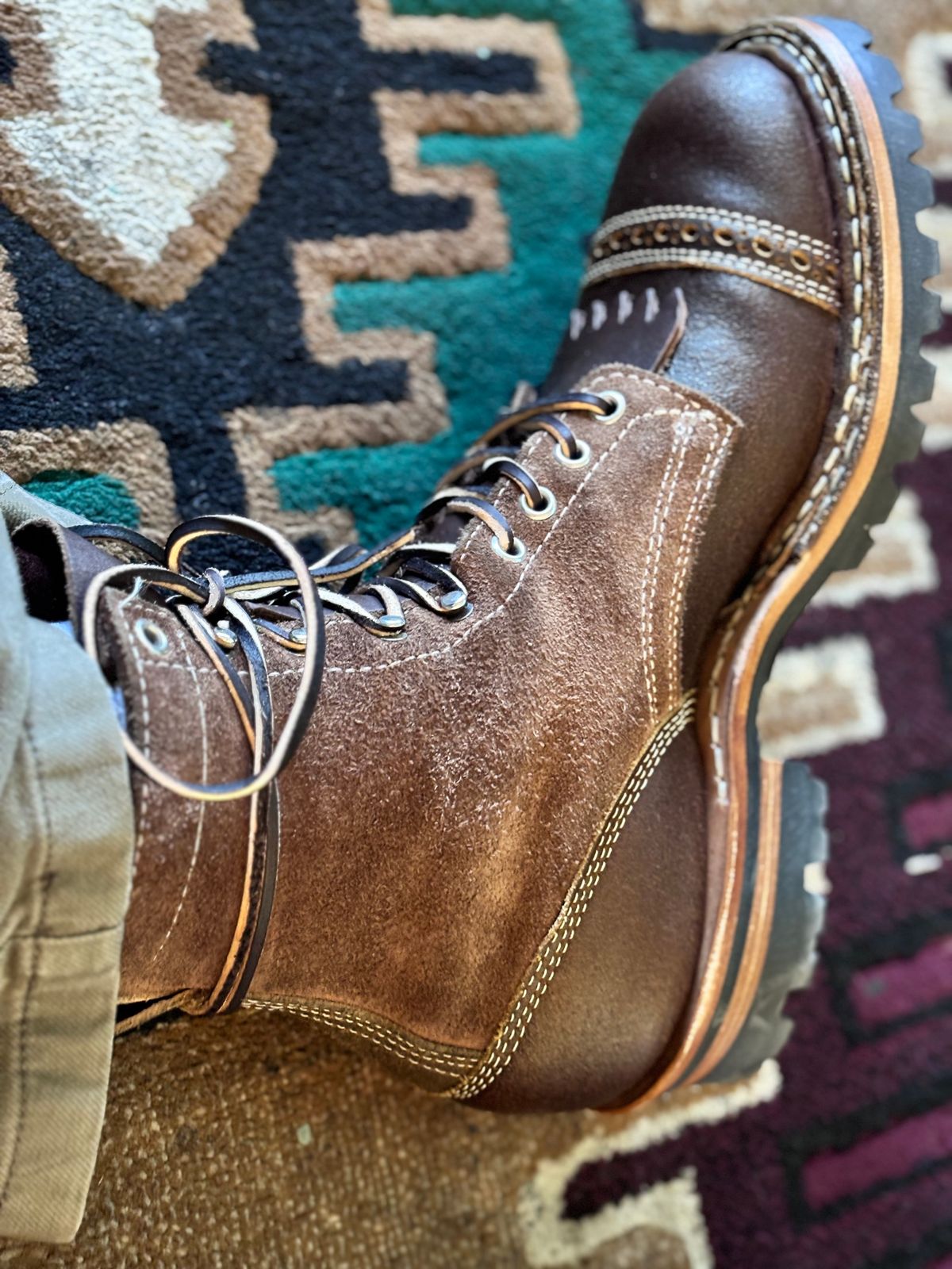 Photo by GodsRedeemed on November 20, 2024 of the Baker’s Custom White’s Bounty Hunters Bounty Hunters in Horween Cinnamon Waxed Flesh & Seidel Brown Oil Tan Roughout & Horween Olive Waxed Flesh.