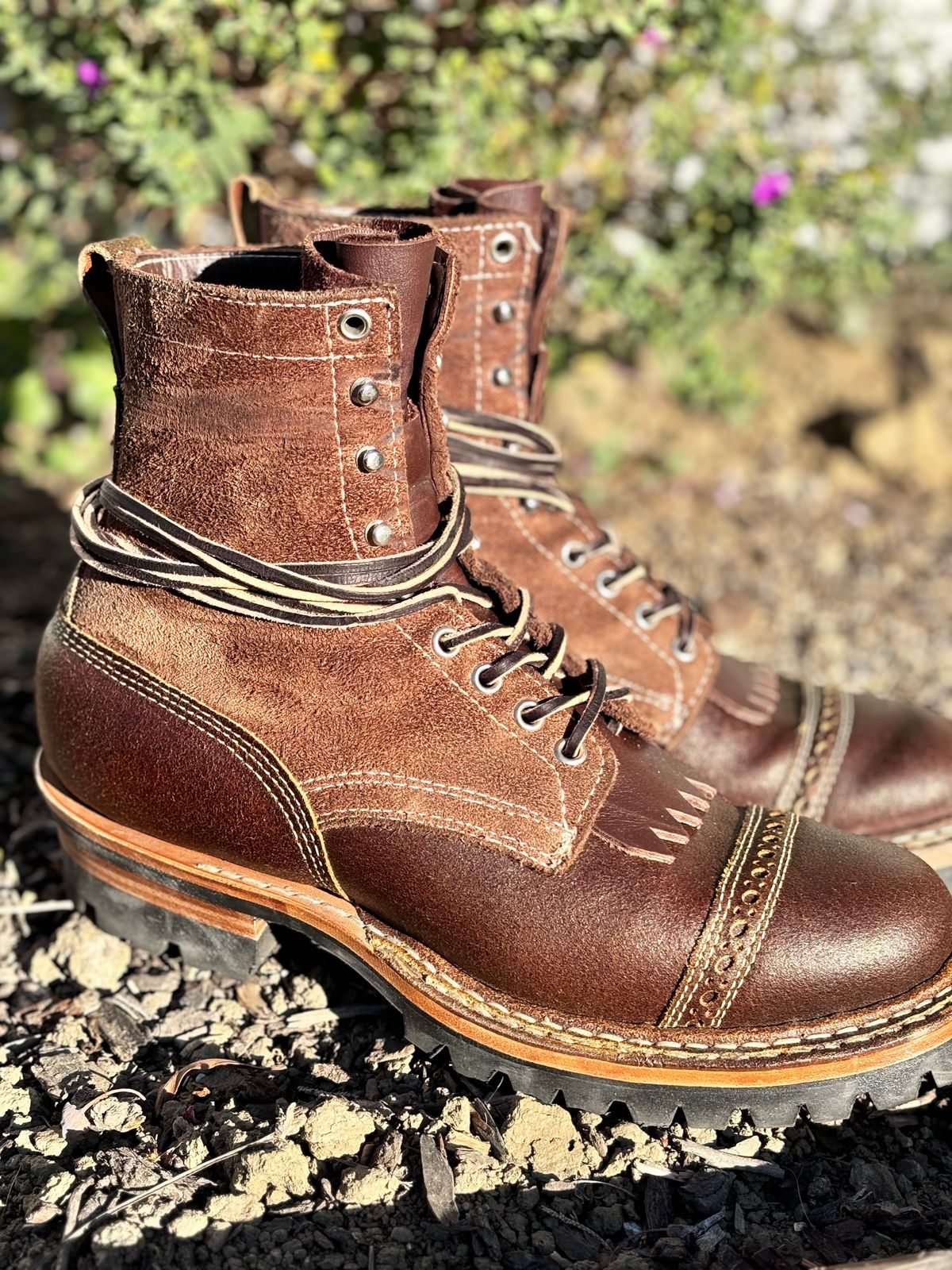 Photo by GodsRedeemed on November 21, 2024 of the Baker’s Custom White’s Bounty Hunters Bounty Hunters in Horween Cinnamon Waxed Flesh & Seidel Brown Oil Tan Roughout & Horween Olive Waxed Flesh.