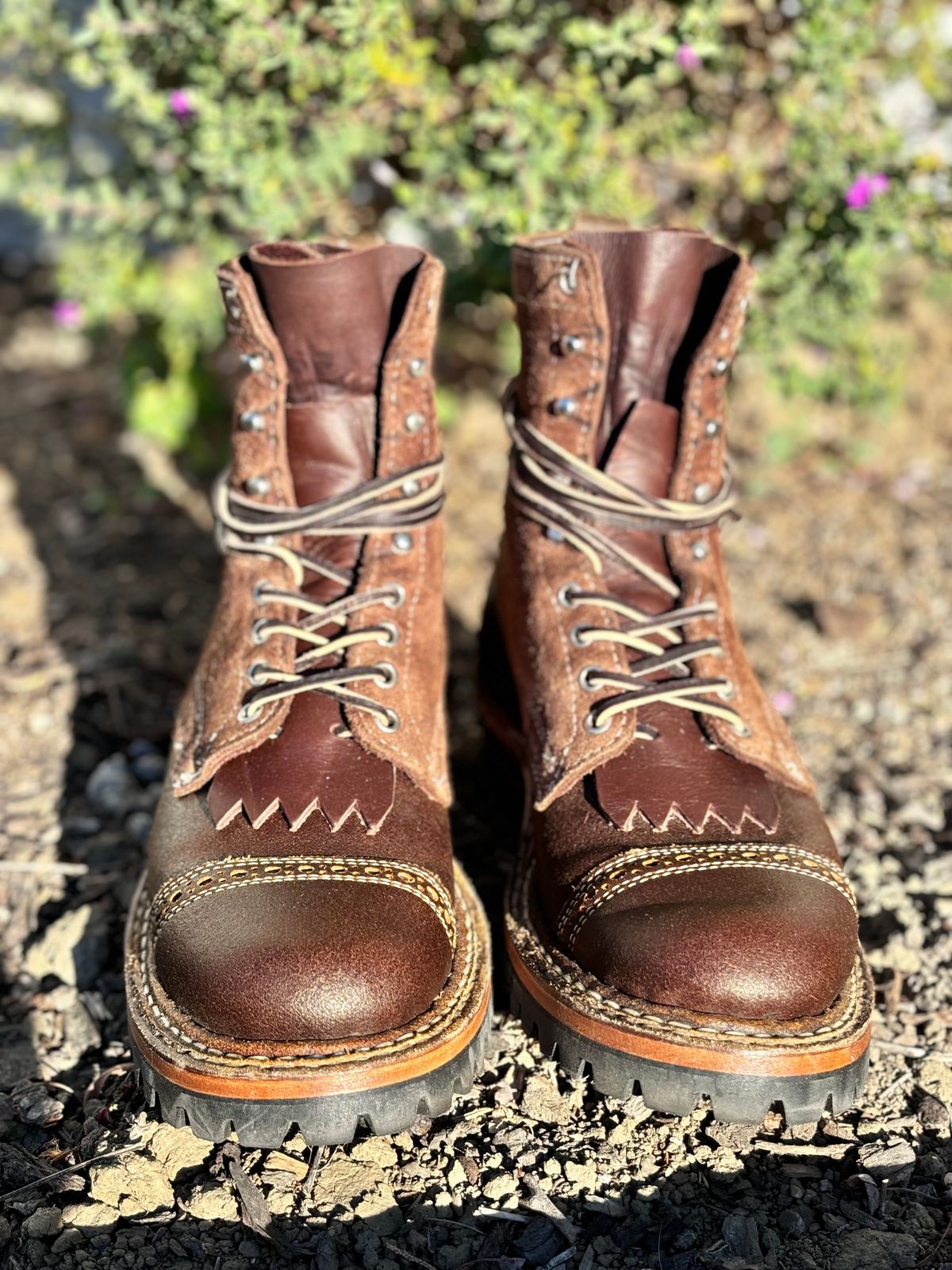 Photo by GodsRedeemed on November 21, 2024 of the Baker’s Custom White’s Bounty Hunters Bounty Hunters in Horween Cinnamon Waxed Flesh & Seidel Brown Oil Tan Roughout & Horween Olive Waxed Flesh.