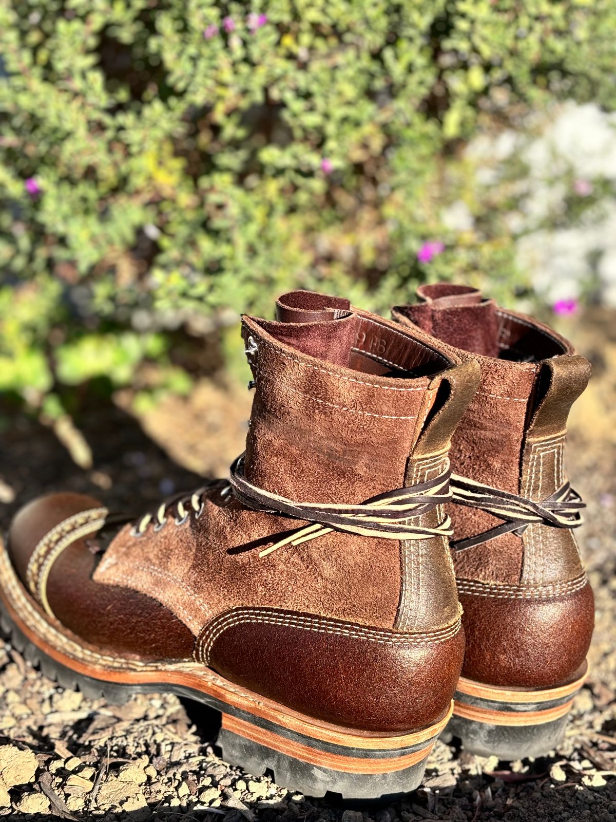 Photo by GodsRedeemed on November 21, 2024 of the Baker’s Custom White’s Bounty Hunters Bounty Hunters in Horween Cinnamon Waxed Flesh & Seidel Brown Oil Tan Roughout & Horween Olive Waxed Flesh.