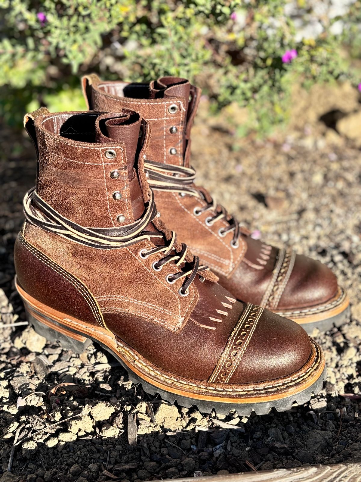 Photo by GodsRedeemed on November 21, 2024 of the Baker’s Custom White’s Bounty Hunters Bounty Hunters in Horween Cinnamon Waxed Flesh & Seidel Brown Oil Tan Roughout & Horween Olive Waxed Flesh.