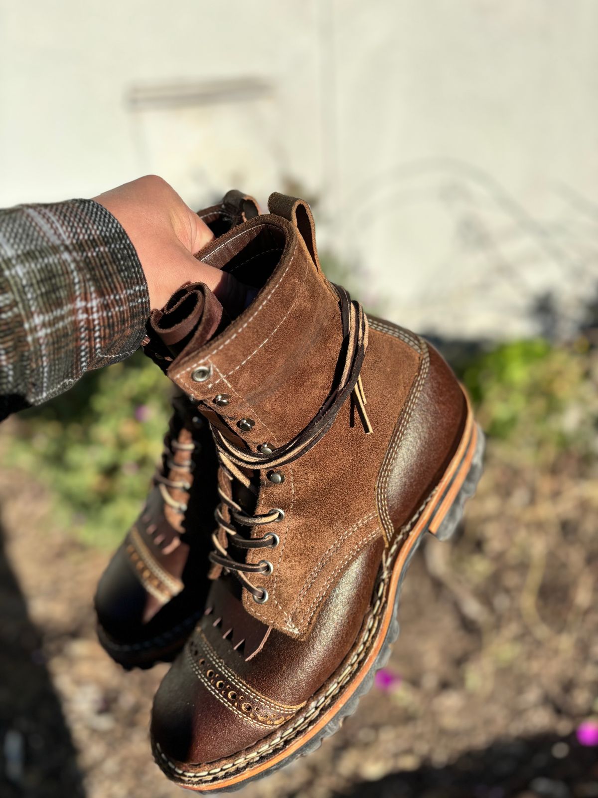 Photo by GodsRedeemed on November 21, 2024 of the Baker’s Custom White’s Bounty Hunters Bounty Hunters in Horween Cinnamon Waxed Flesh & Seidel Brown Oil Tan Roughout & Horween Olive Waxed Flesh.