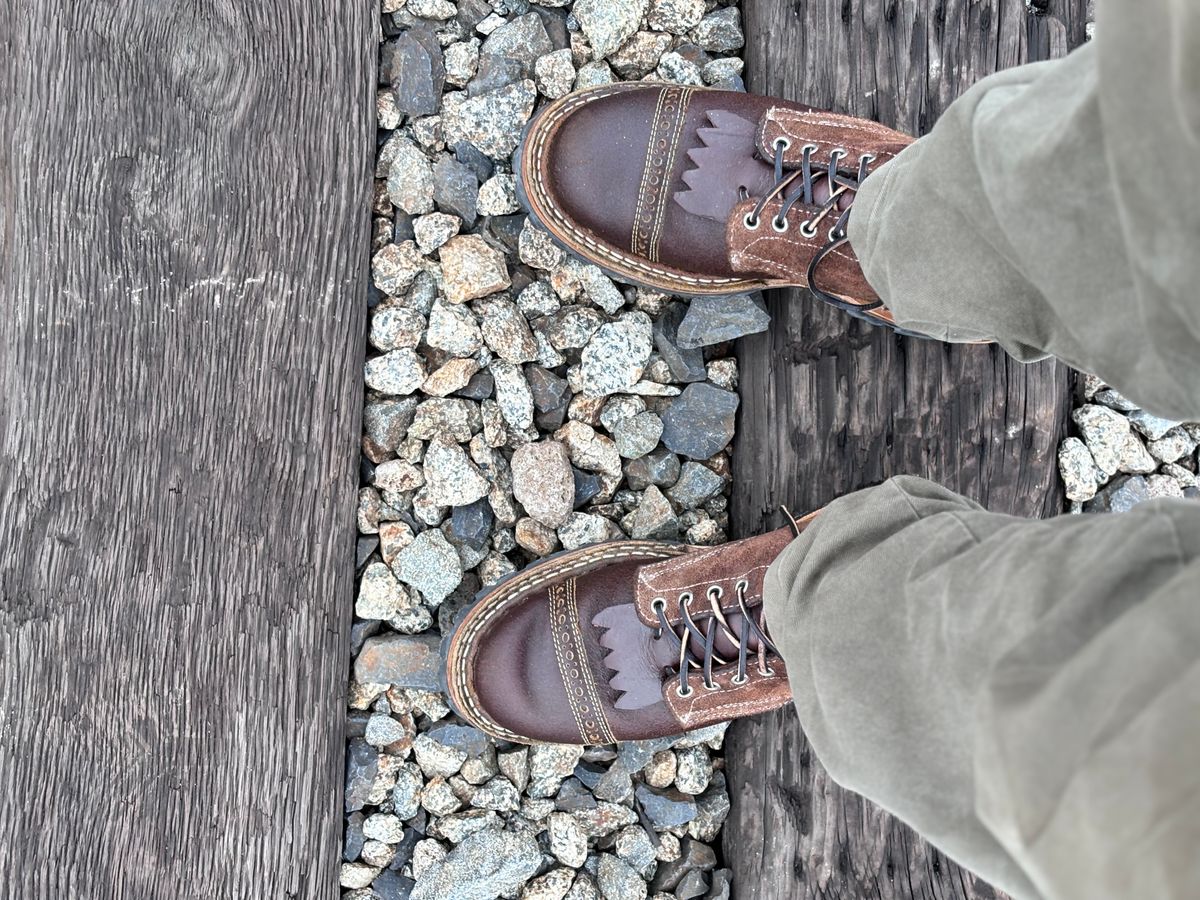 Photo by GodsRedeemed on November 27, 2024 of the Baker’s Custom White’s Bounty Hunters Bounty Hunters in Horween Cinnamon Waxed Flesh & Seidel Brown Oil Tan Roughout & Horween Olive Waxed Flesh.
