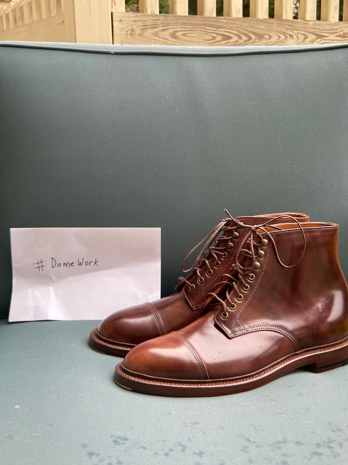 Photo by K_J_M_51 on October 1, 2022 of the Grant Stone Cap Toe Boot in Horween Marbled Color 8 Shell Cordovan.