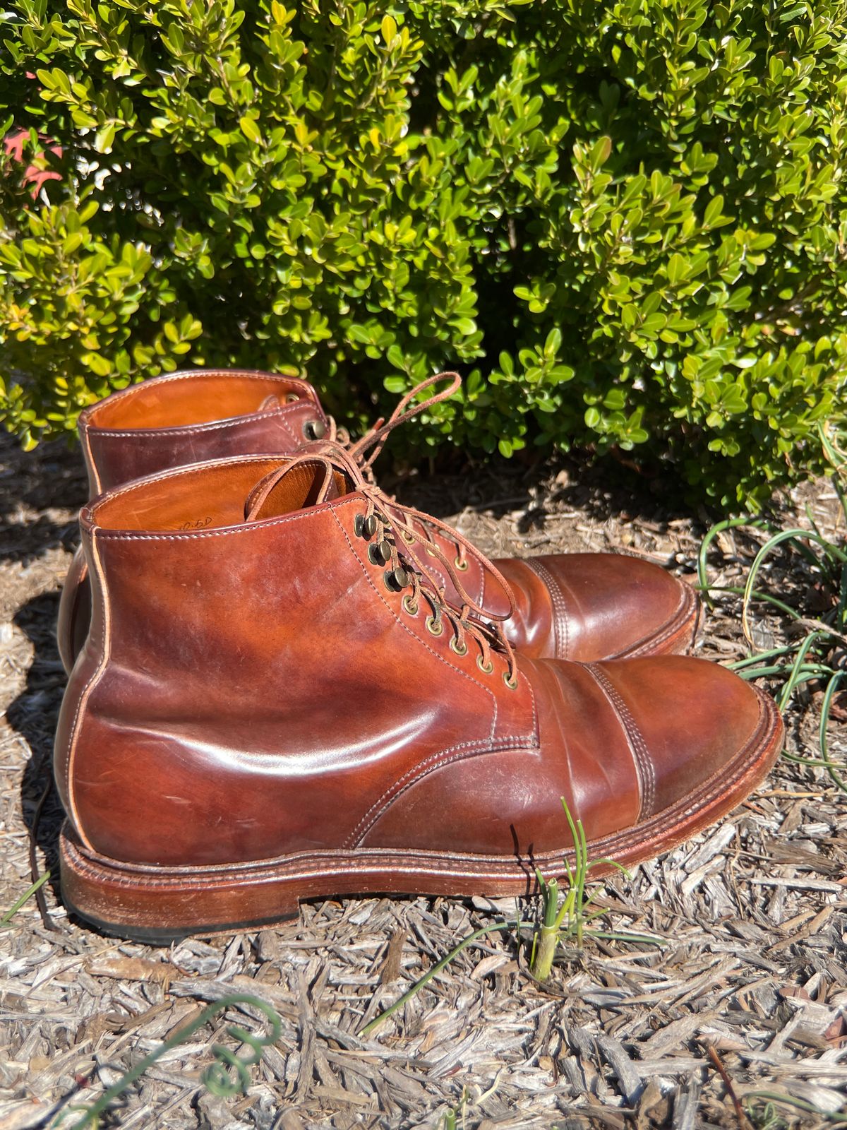 Photo by K_J_M_51 on April 3, 2023 of the Grant Stone Cap Toe Boot in Horween Marbled Color 8 Shell Cordovan.