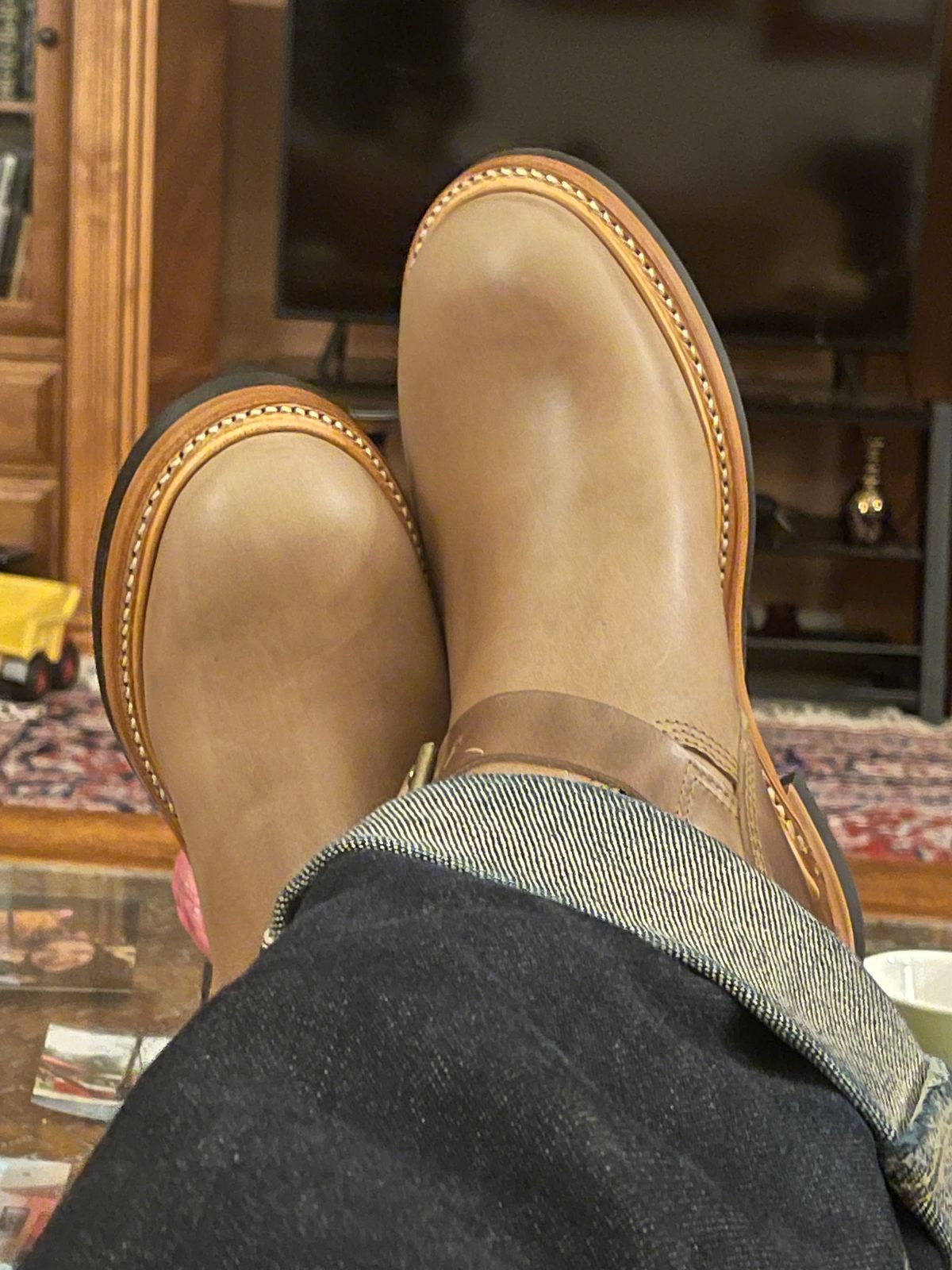 Photo by groverwear on October 1, 2022 of the John Lofgren Wabash Engineer Boots in Horween Natural Chromexcel.