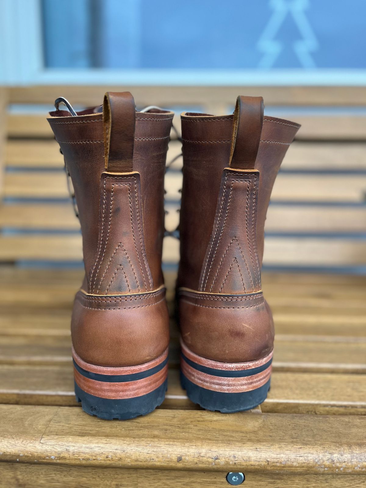 Photo by Qltyboots on December 1, 2024 of the Nicks Overlander in Horween Orange Predator.