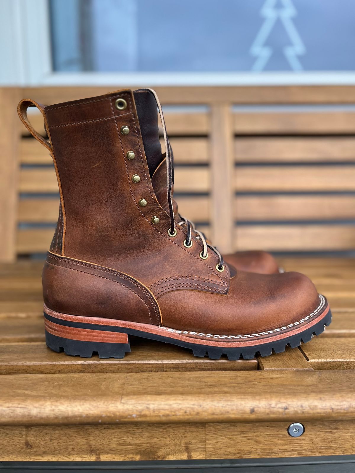 Photo by Qltyboots on December 1, 2024 of the Nicks Overlander in Horween Orange Predator.