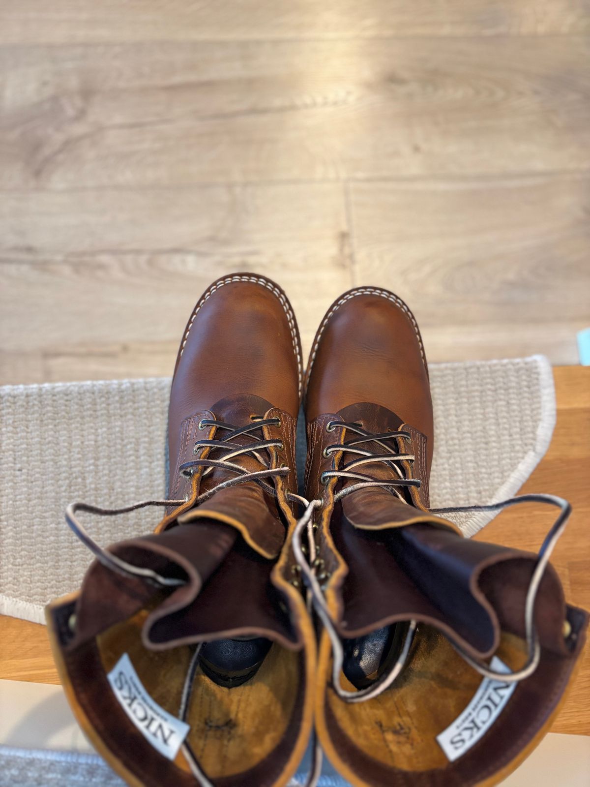 Photo by Qltyboots on January 3, 2025 of the Nicks Overlander in Horween Orange Predator.