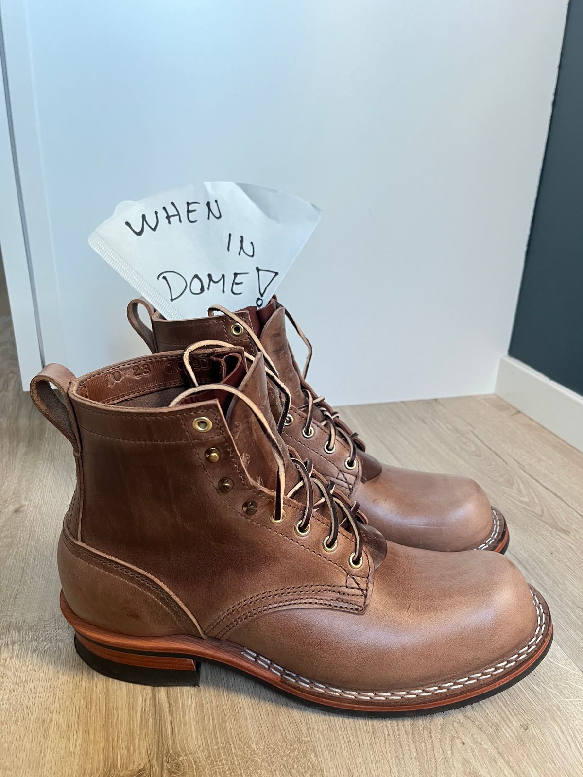 Photo by Qltyboots on November 1, 2024 of the Nicks MTO in Horween Natural Chromexcel.