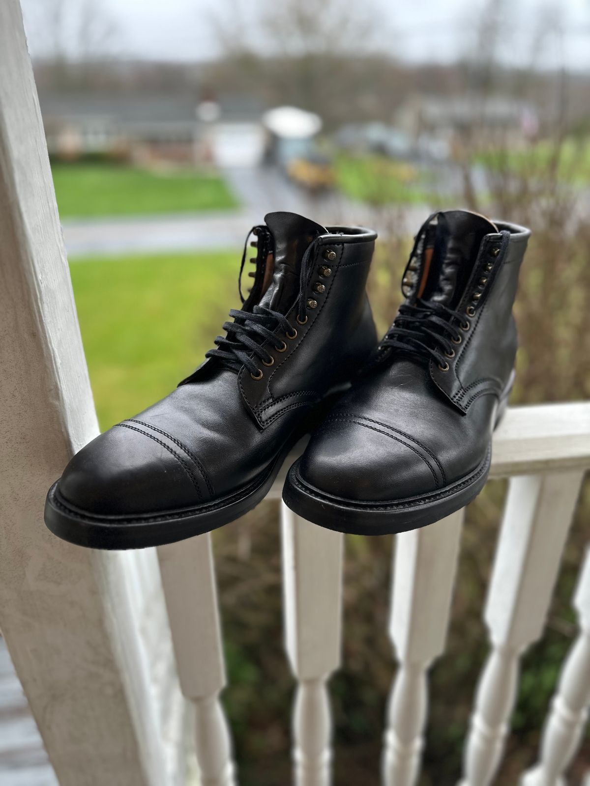 Photo by Oncomingstorm on April 2, 2024 of the Flame Panda Service Boot in Maryam Natural Horsebutt Overdyed Brown then Black.