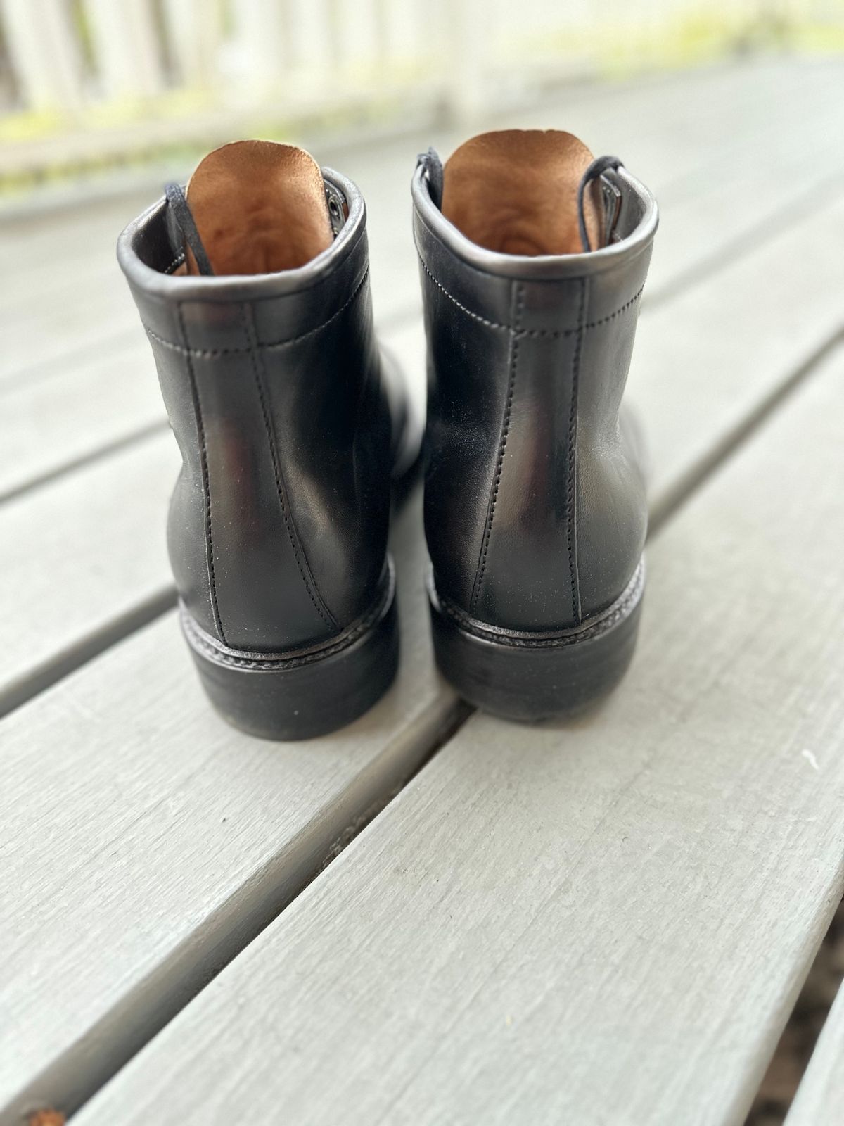 Photo by Oncomingstorm on April 2, 2024 of the Flame Panda Service Boot in Maryam Natural Horsebutt Overdyed Brown then Black.