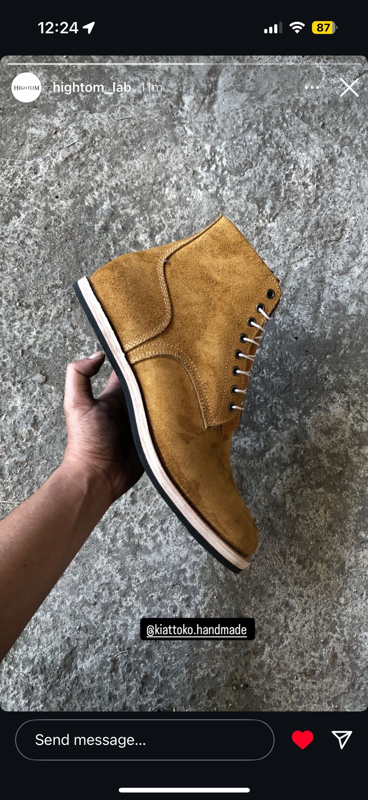 Photo by Oncomingstorm on October 3, 2024 of the Kiattoko Handmade Boondockers in Horween Wheat Chamois Roughout.