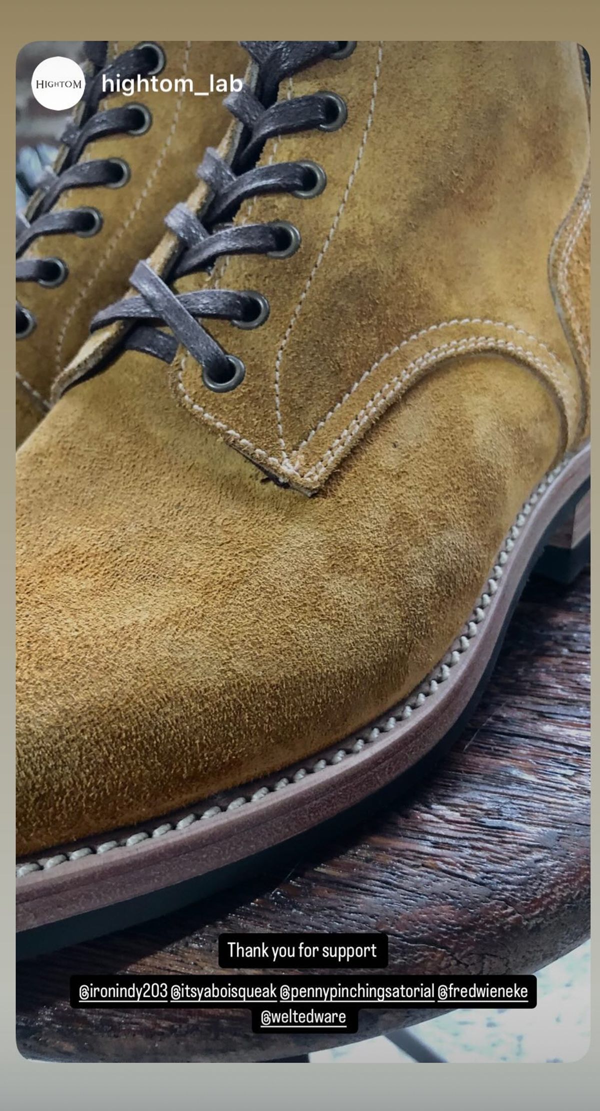 Photo by Oncomingstorm on October 8, 2024 of the Kiattoko Handmade Boondockers in Horween Wheat Chamois Roughout.