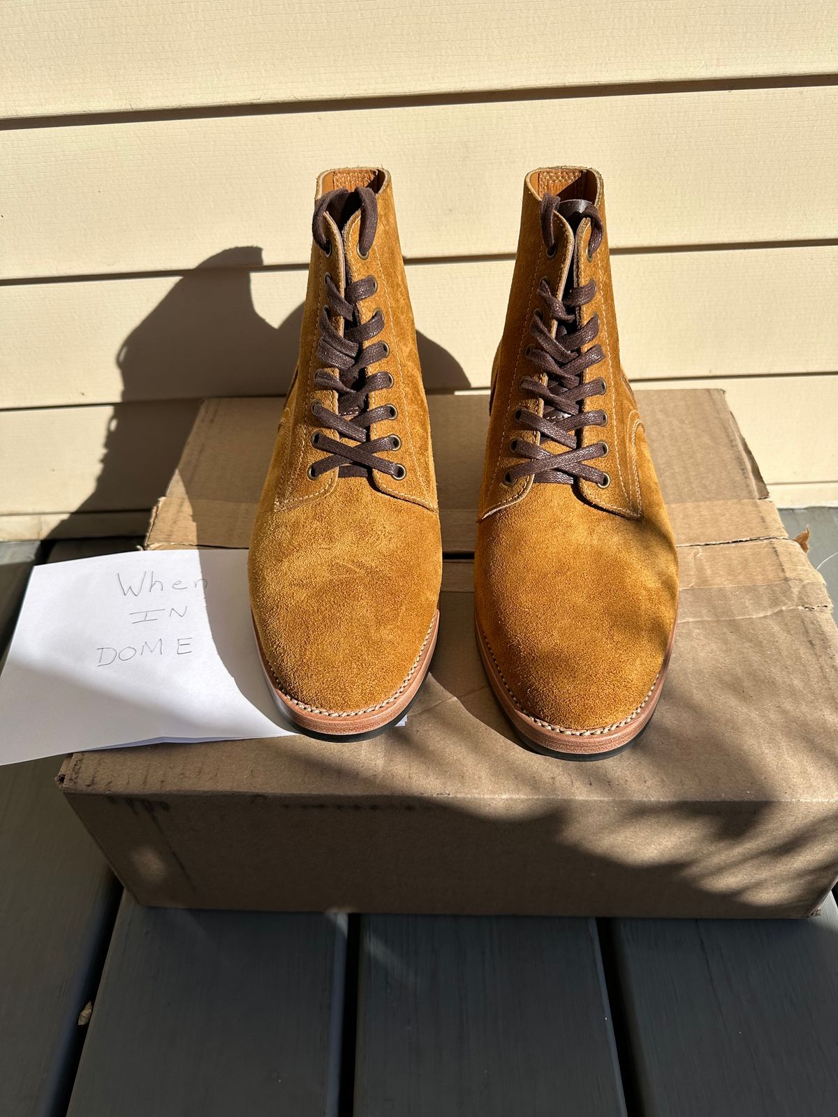 Photo by Oncomingstorm on November 3, 2024 of the Kiattoko Handmade Boondockers in Horween Wheat Chamois Roughout.