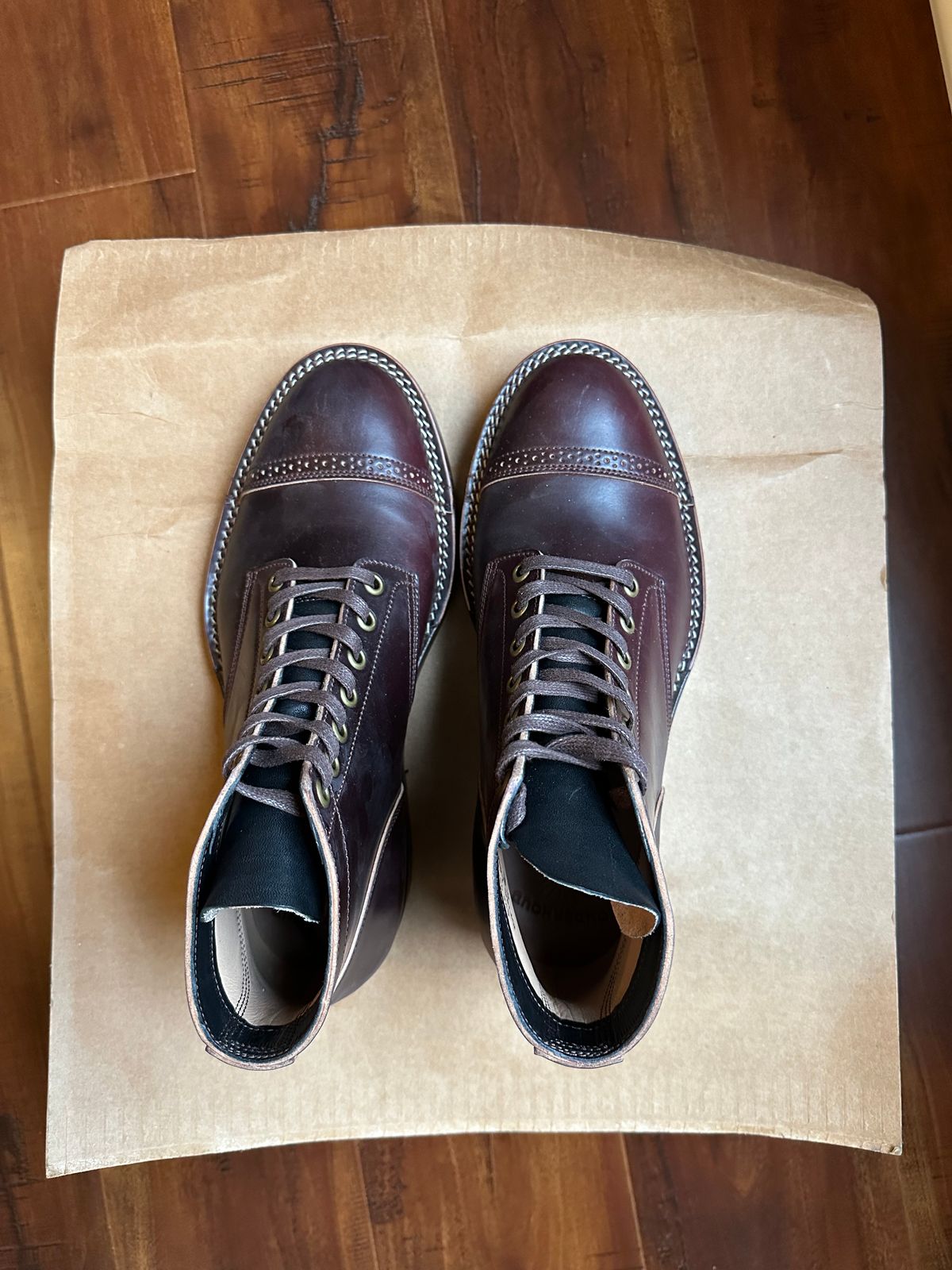Photo by Oncomingstorm on October 3, 2024 of the Onderhoud SVC03 Service Boot in Horween Color 8 Shell Cordovan & Wickett & Craig Black Milled Traditional Harness.