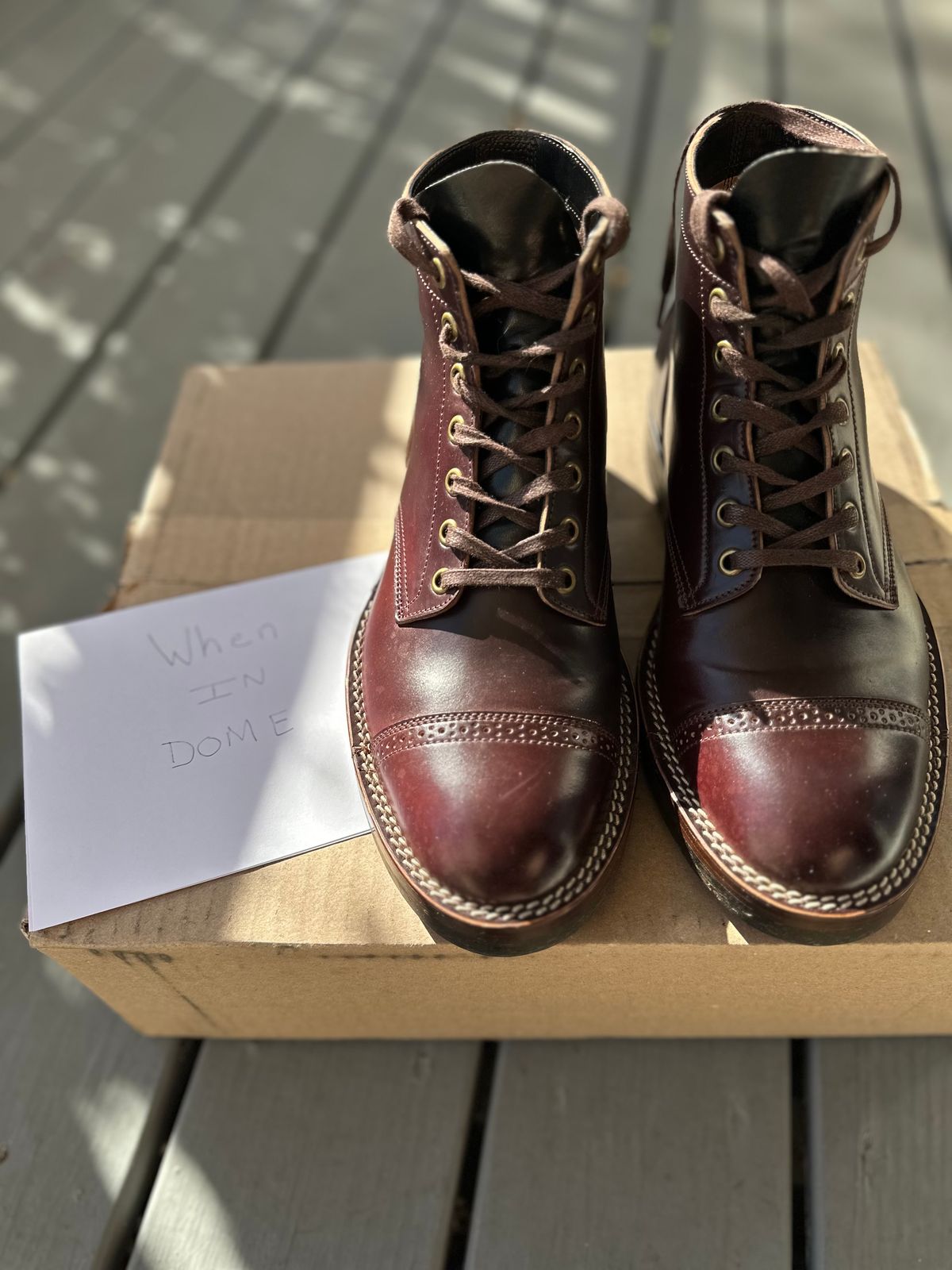 Photo by Oncomingstorm on November 3, 2024 of the Onderhoud SVC03 Service Boot in Horween Color 8 Shell Cordovan & Wickett & Craig Black Milled Traditional Harness.