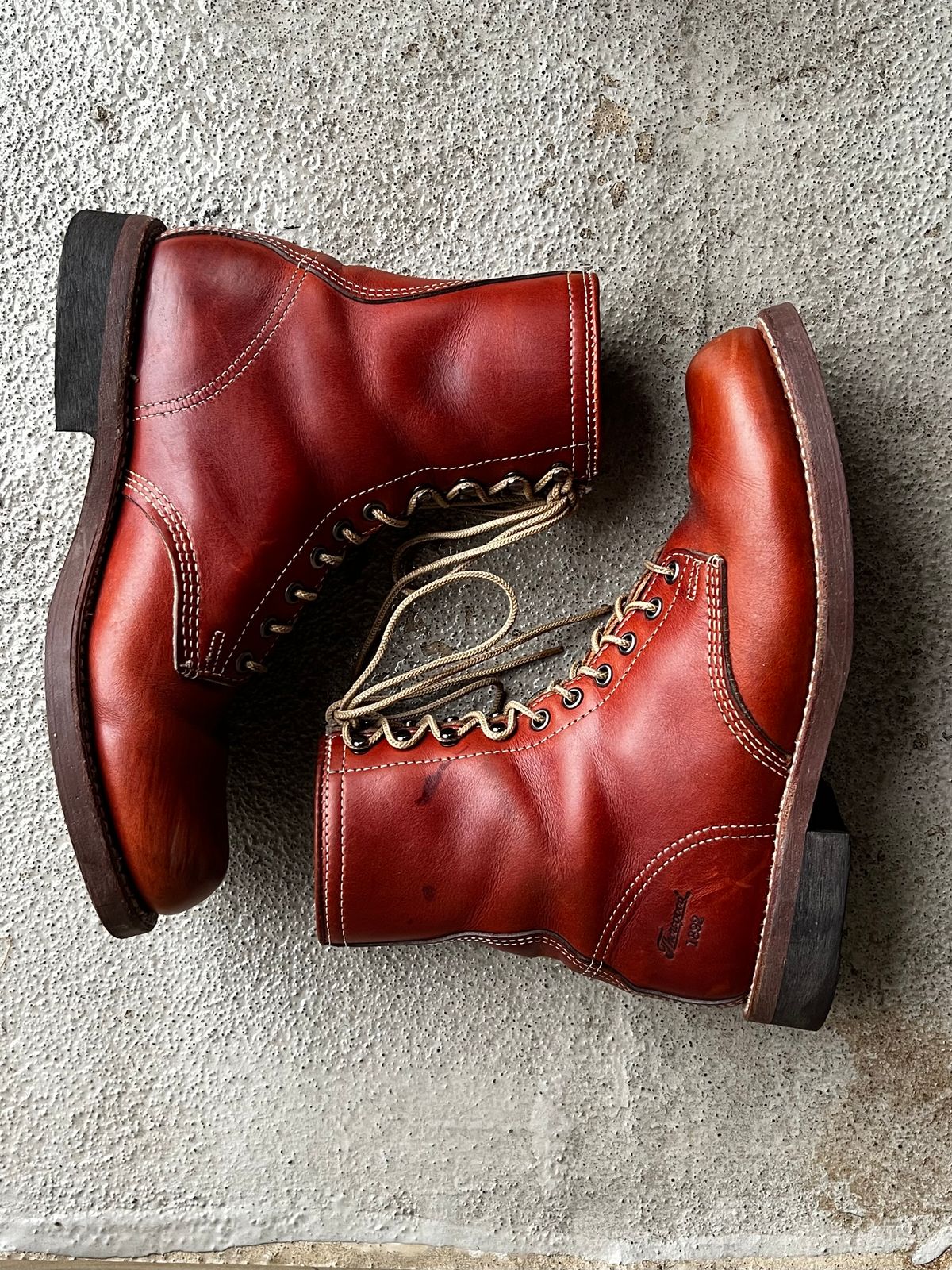 Photo by central209 on January 5, 2025 of the Thorogood 1892 Tomahawk Boot in Horween Cognac Chromexcel.