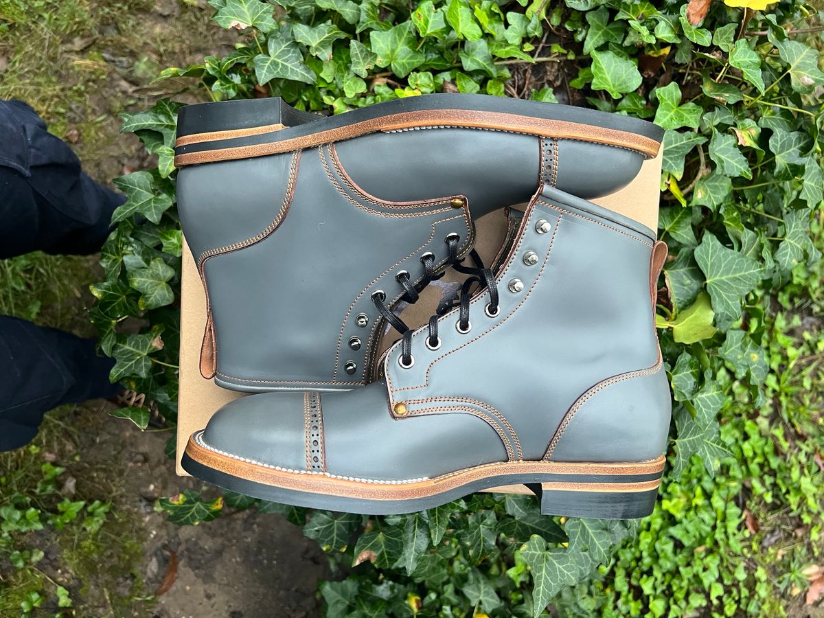 Photo by DalesLeatherworks on October 1, 2024 of the Iron Boots The Chosen One in Maryam Grigio Shell Cordovan.