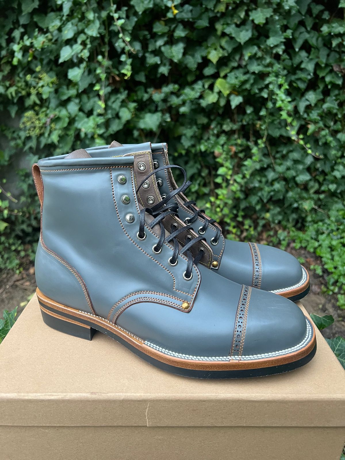Photo by DalesLeatherworks on October 1, 2024 of the Iron Boots The Chosen One in Maryam Grigio Shell Cordovan.