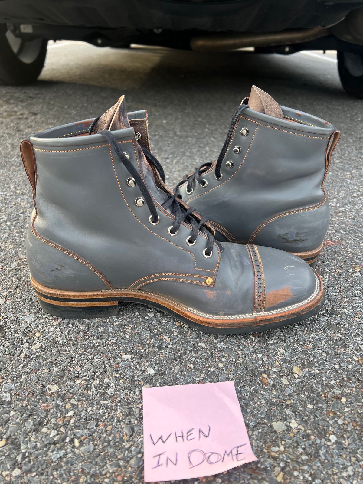 Photo by DalesLeatherworks on November 4, 2024 of the Iron Boots The Chosen One in Maryam Grigio Shell Cordovan.