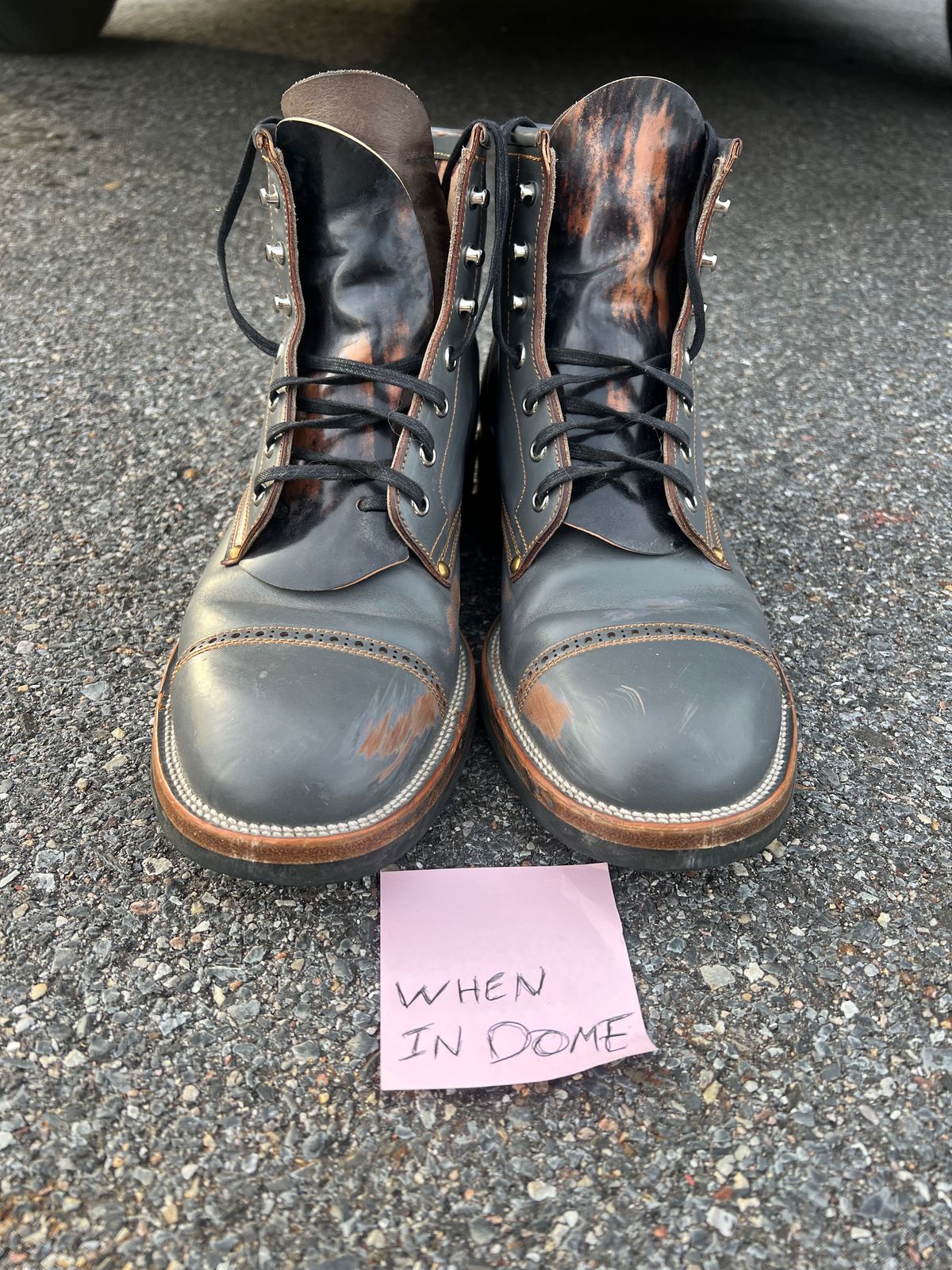 Photo by DalesLeatherworks on November 4, 2024 of the Iron Boots The Chosen One in Maryam Grigio Shell Cordovan.