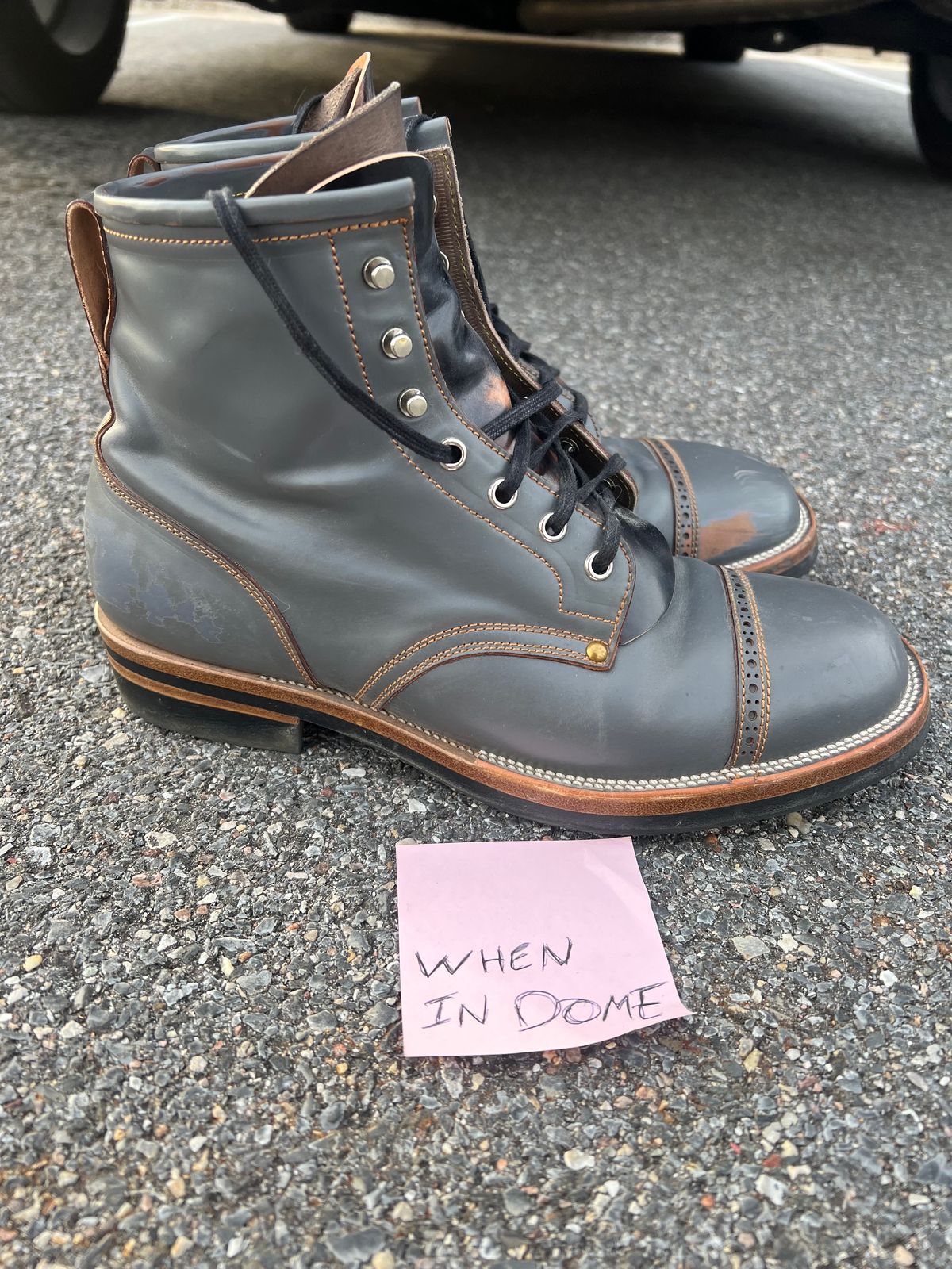 Photo by DalesLeatherworks on November 4, 2024 of the Iron Boots The Chosen One in Maryam Grigio Shell Cordovan.