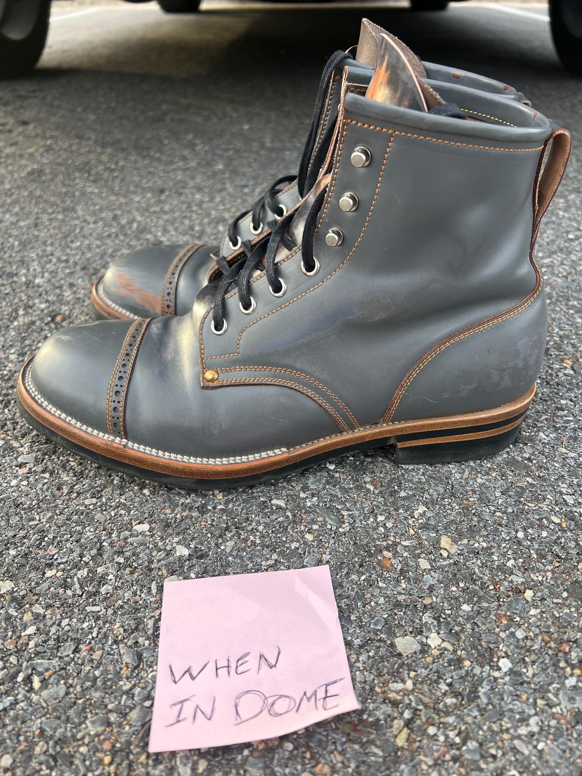 Photo by DalesLeatherworks on November 4, 2024 of the Iron Boots The Chosen One in Maryam Grigio Shell Cordovan.