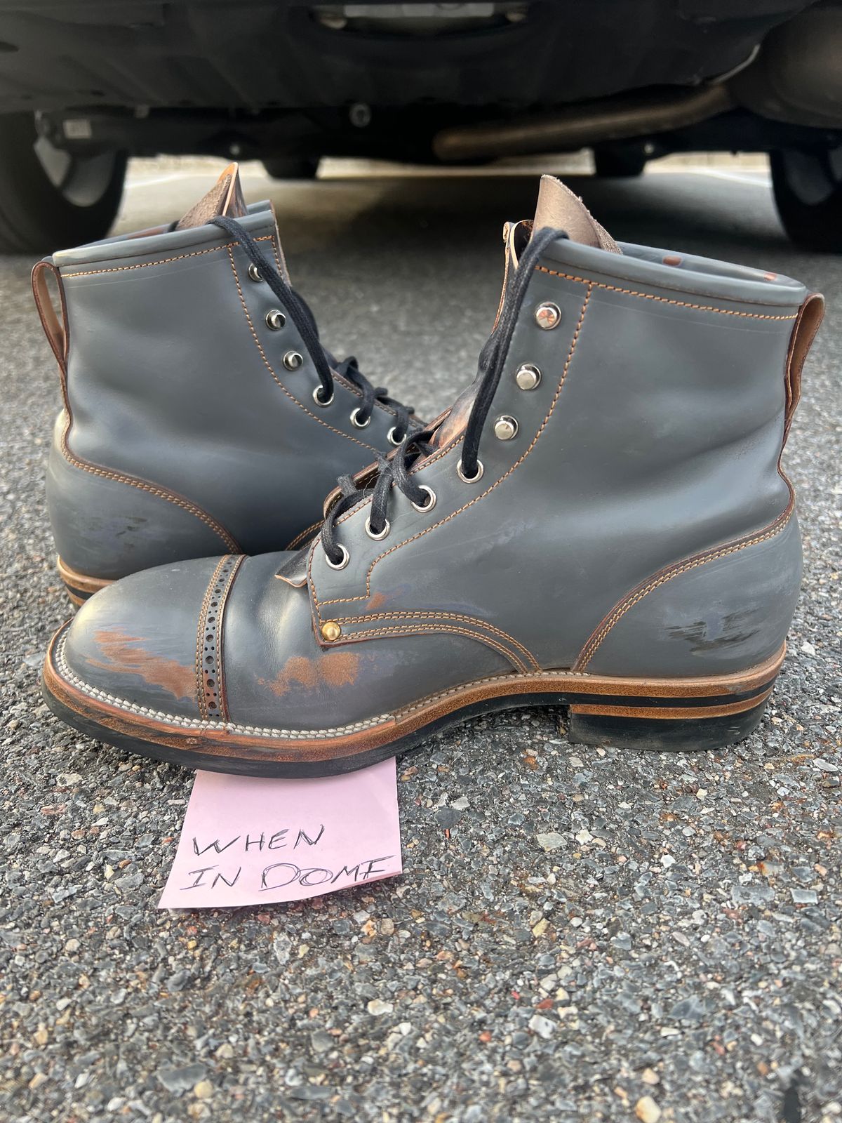 Photo by DalesLeatherworks on November 4, 2024 of the Iron Boots The Chosen One in Maryam Grigio Shell Cordovan.