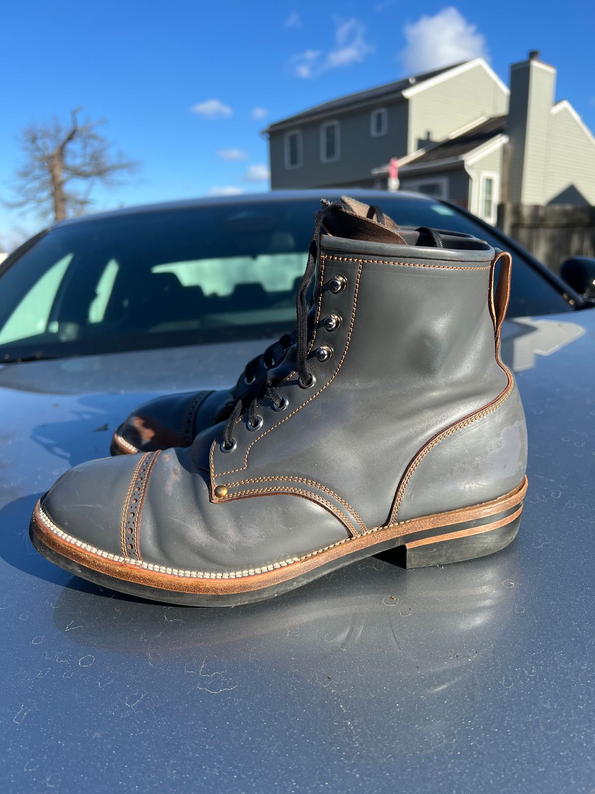 Photo by DalesLeatherworks on December 5, 2024 of the Iron Boots The Chosen One in Maryam Grigio Shell Cordovan.