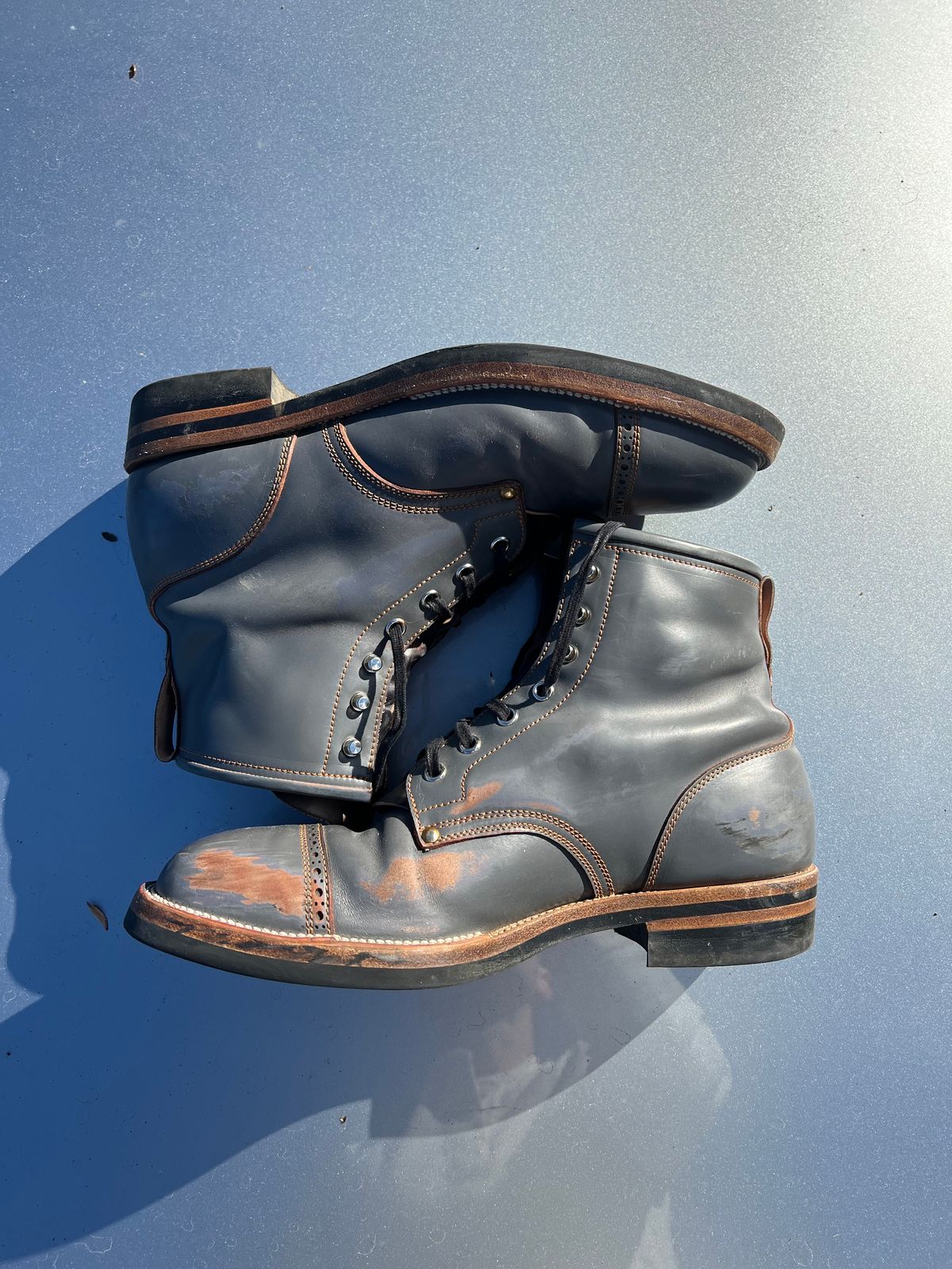 Photo by DalesLeatherworks on December 5, 2024 of the Iron Boots The Chosen One in Maryam Grigio Shell Cordovan.