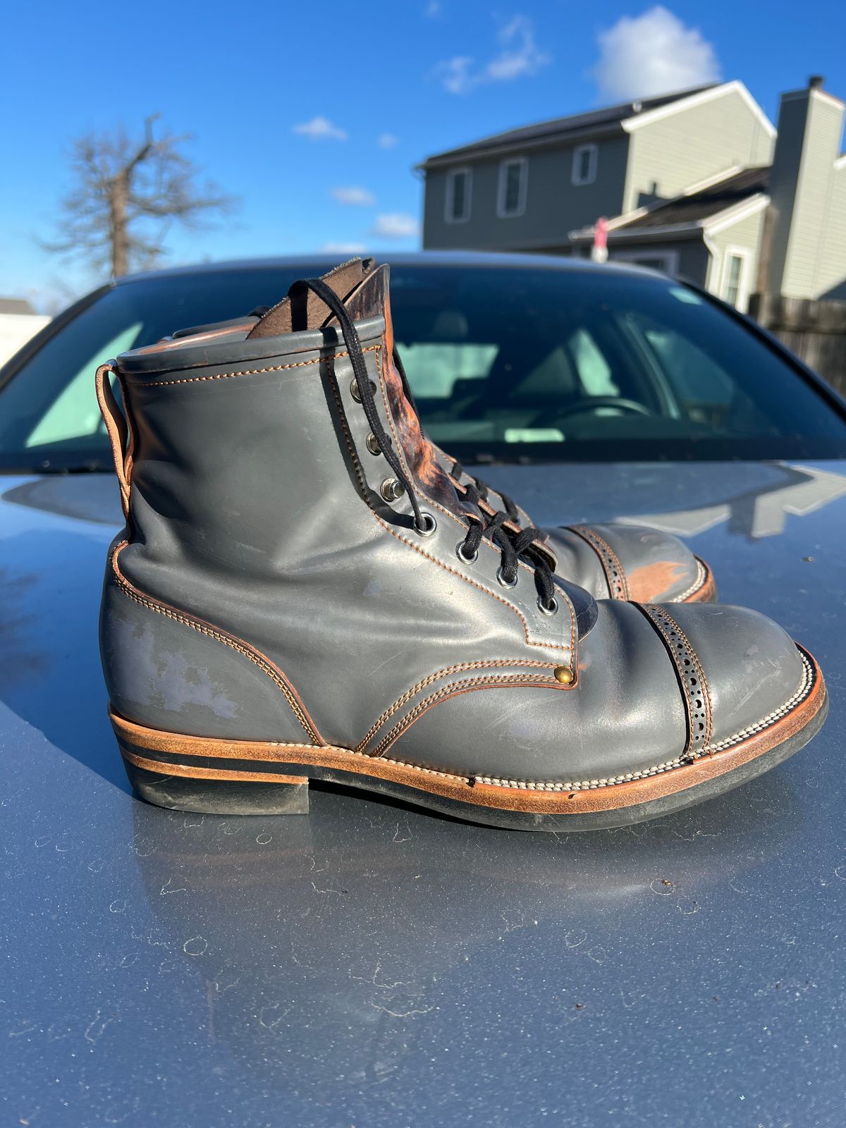 Photo by DalesLeatherworks on December 5, 2024 of the Iron Boots The Chosen One in Maryam Grigio Shell Cordovan.