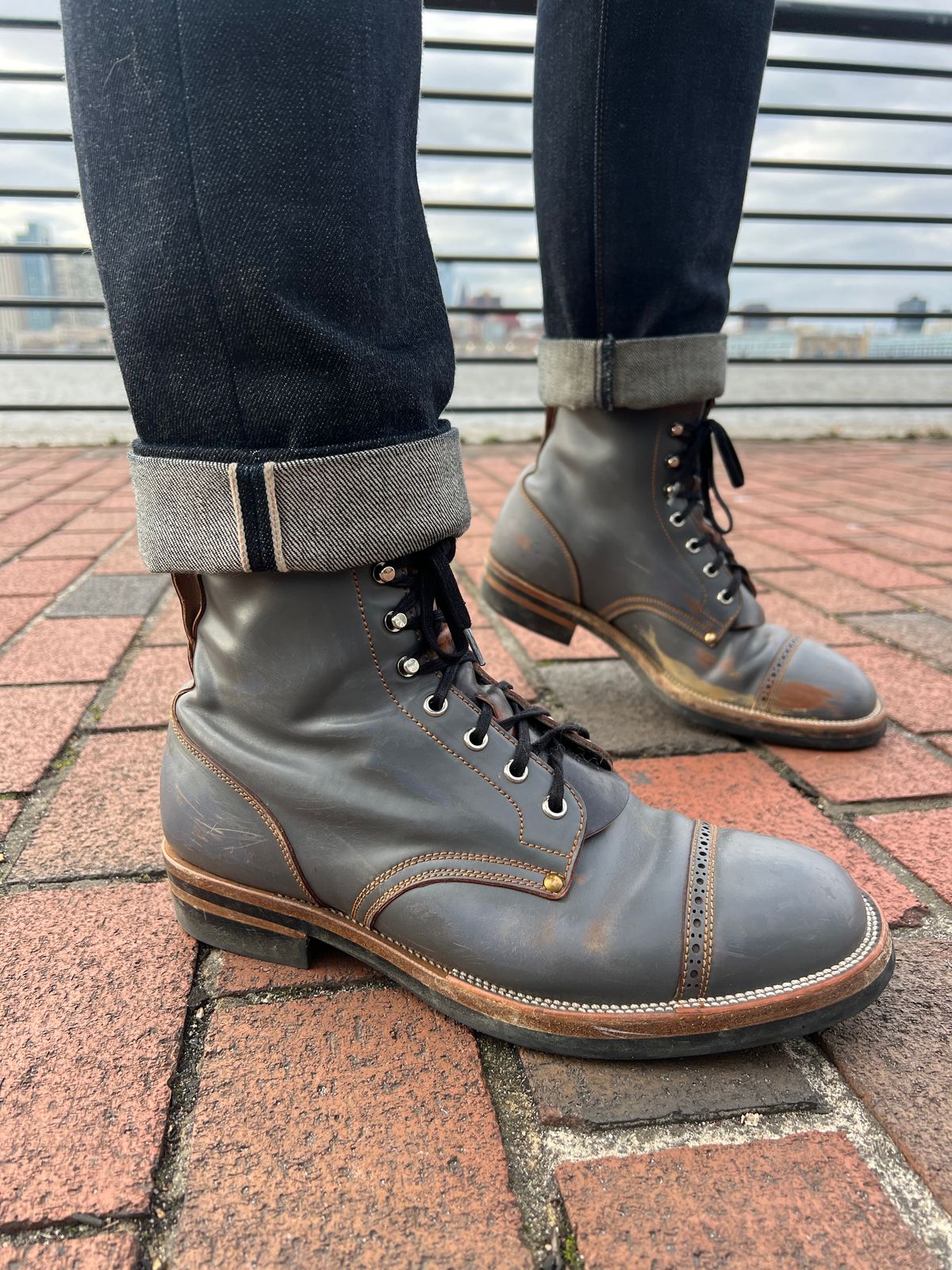 Photo by DalesLeatherworks on January 4, 2025 of the Iron Boots The Chosen One in Maryam Grigio Shell Cordovan.