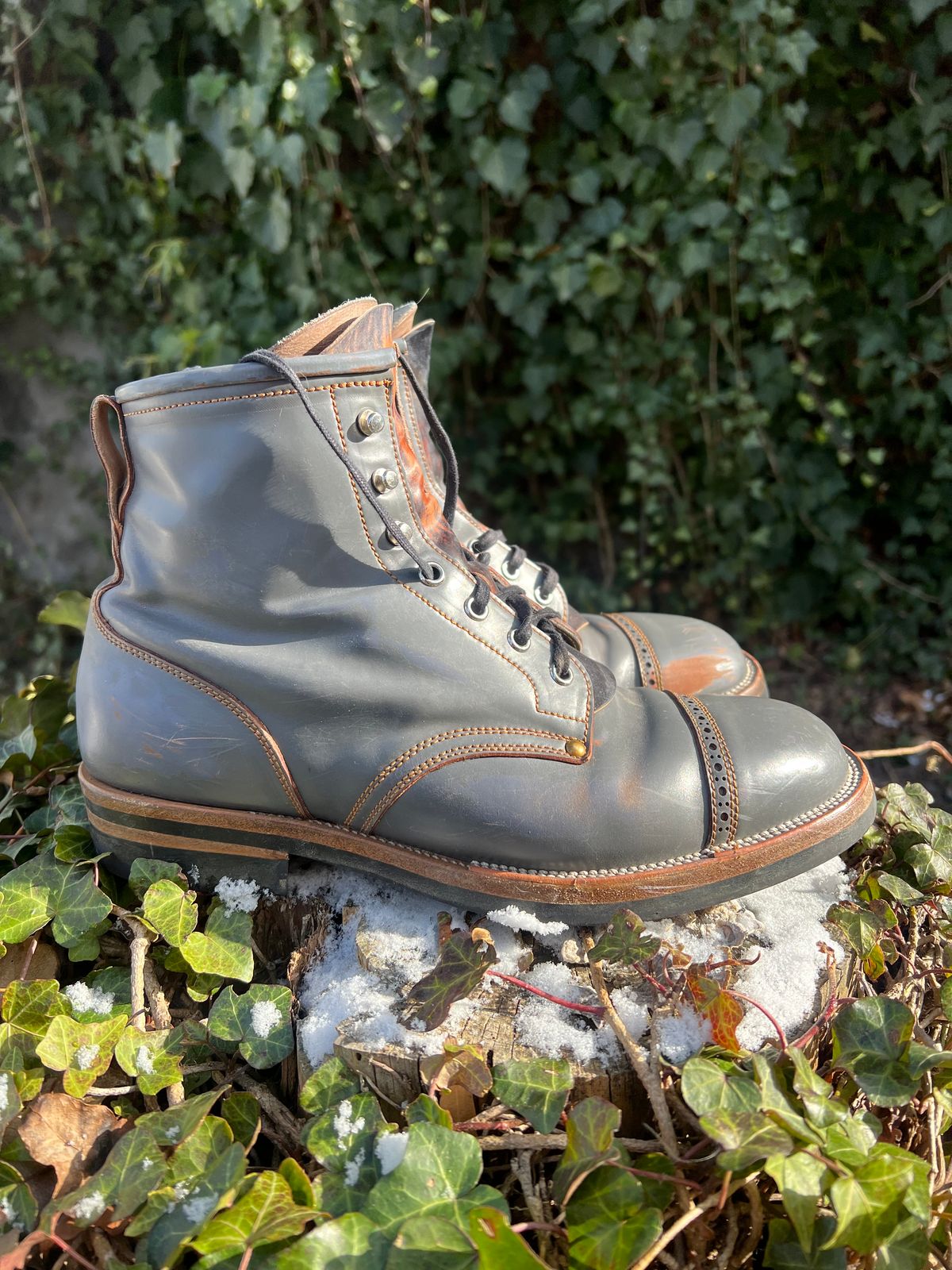 Photo by DalesLeatherworks on January 4, 2025 of the Iron Boots The Chosen One in Maryam Grigio Shell Cordovan.