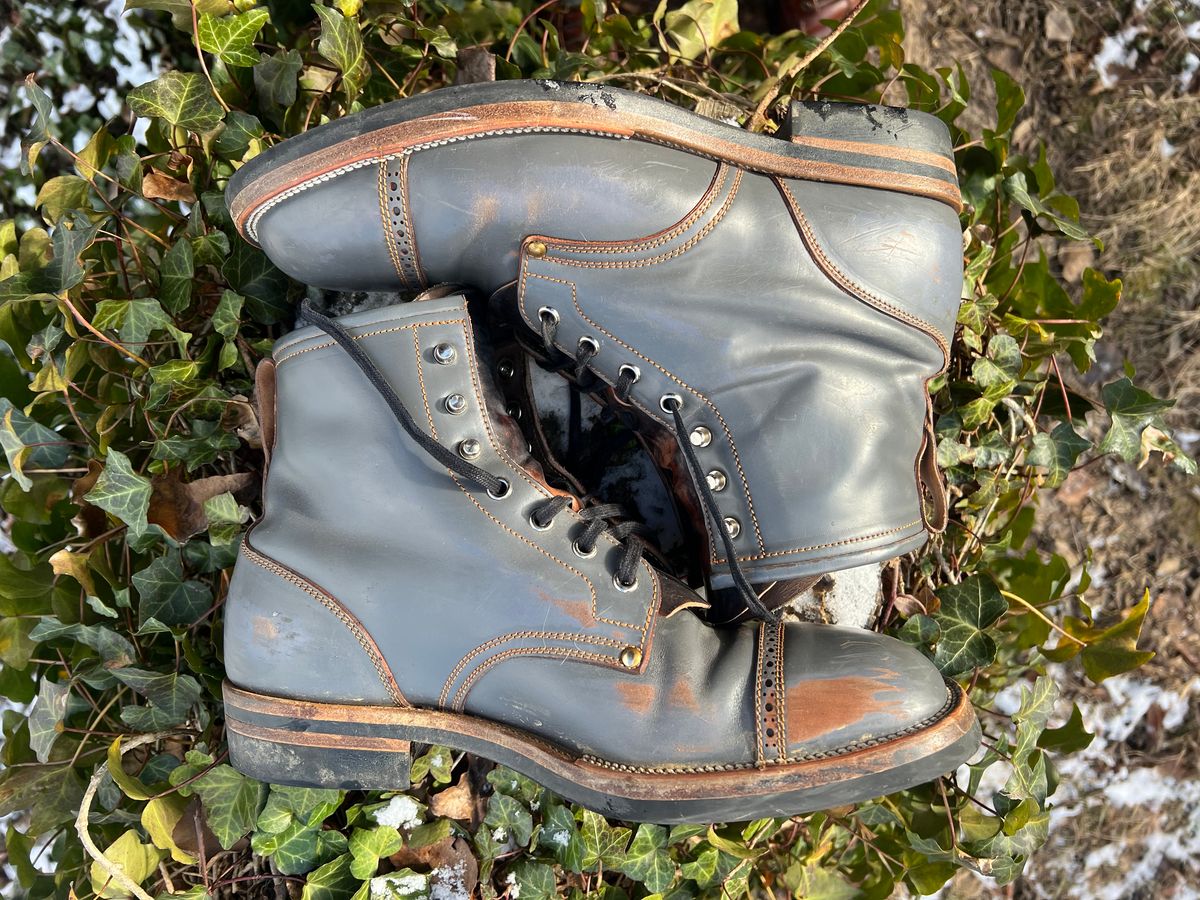 Photo by DalesLeatherworks on January 4, 2025 of the Iron Boots The Chosen One in Maryam Grigio Shell Cordovan.