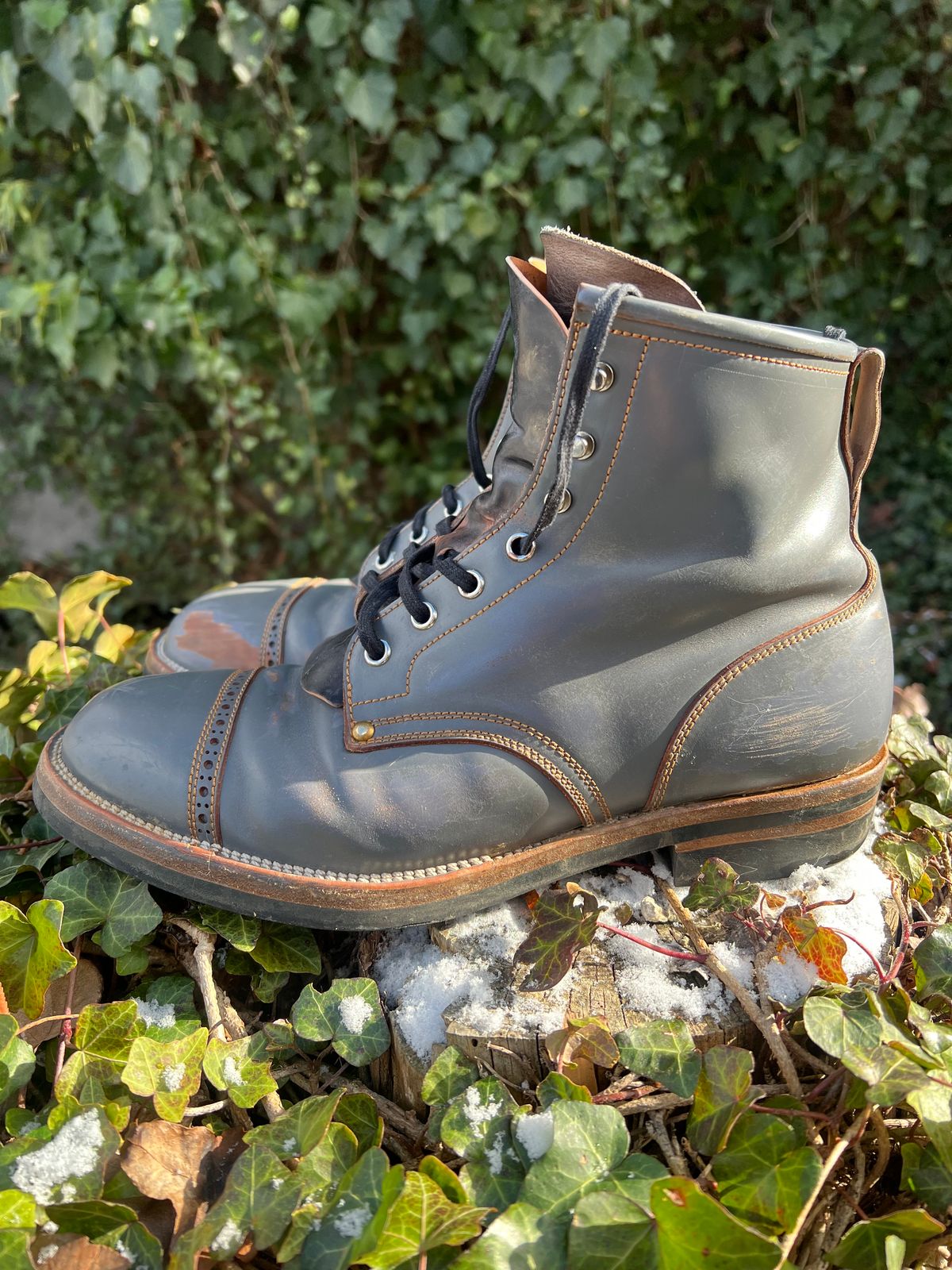 Photo by DalesLeatherworks on January 4, 2025 of the Iron Boots The Chosen One in Maryam Grigio Shell Cordovan.